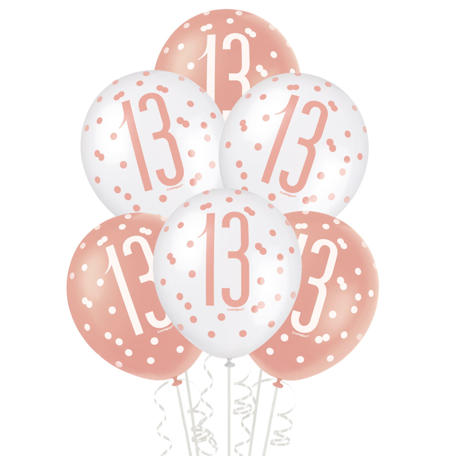Rose Gold & White Assorted 13th Birthday Balloons (Pack of 6)