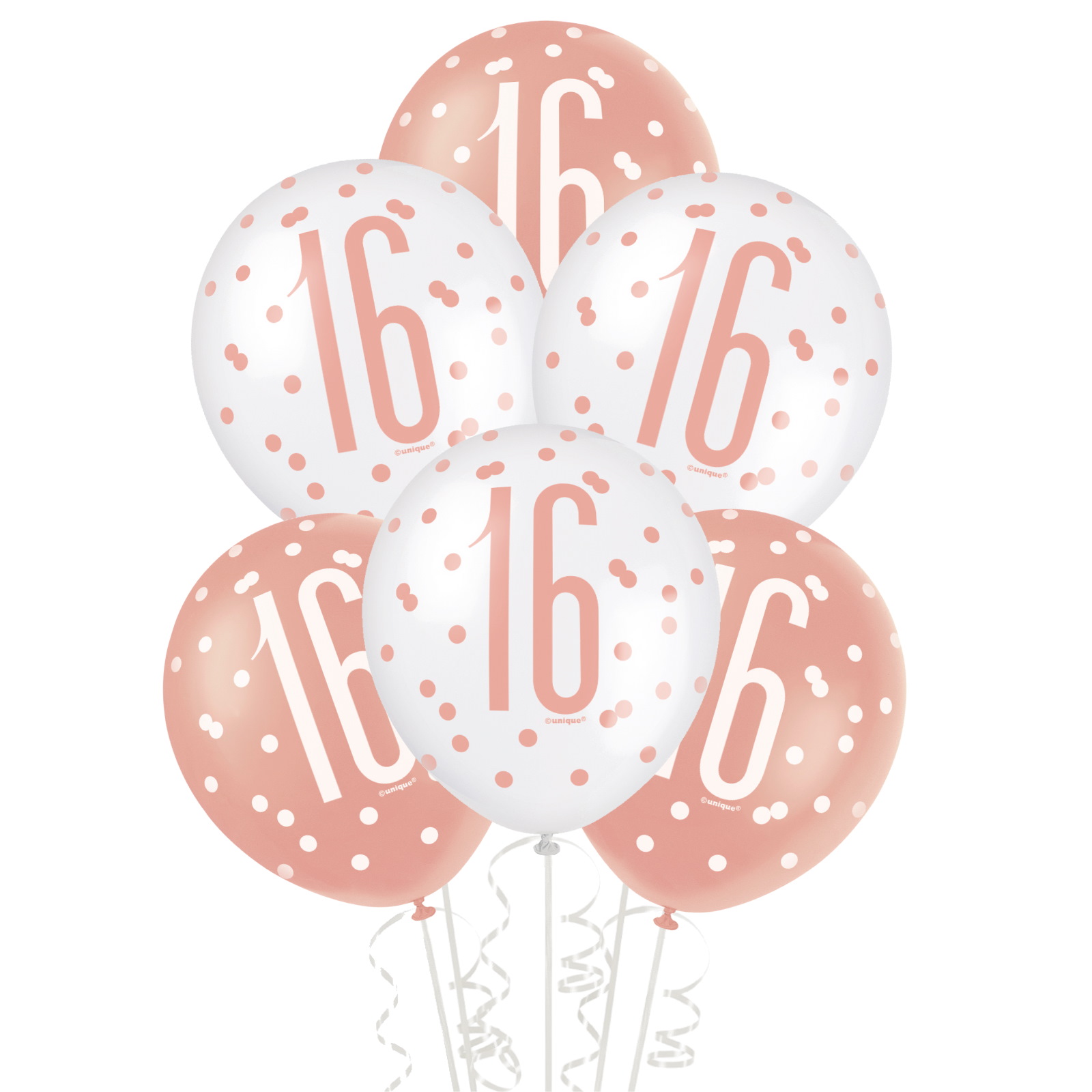 Rose Gold & White Assorted 16th Birthday Balloons (Pack of 6)