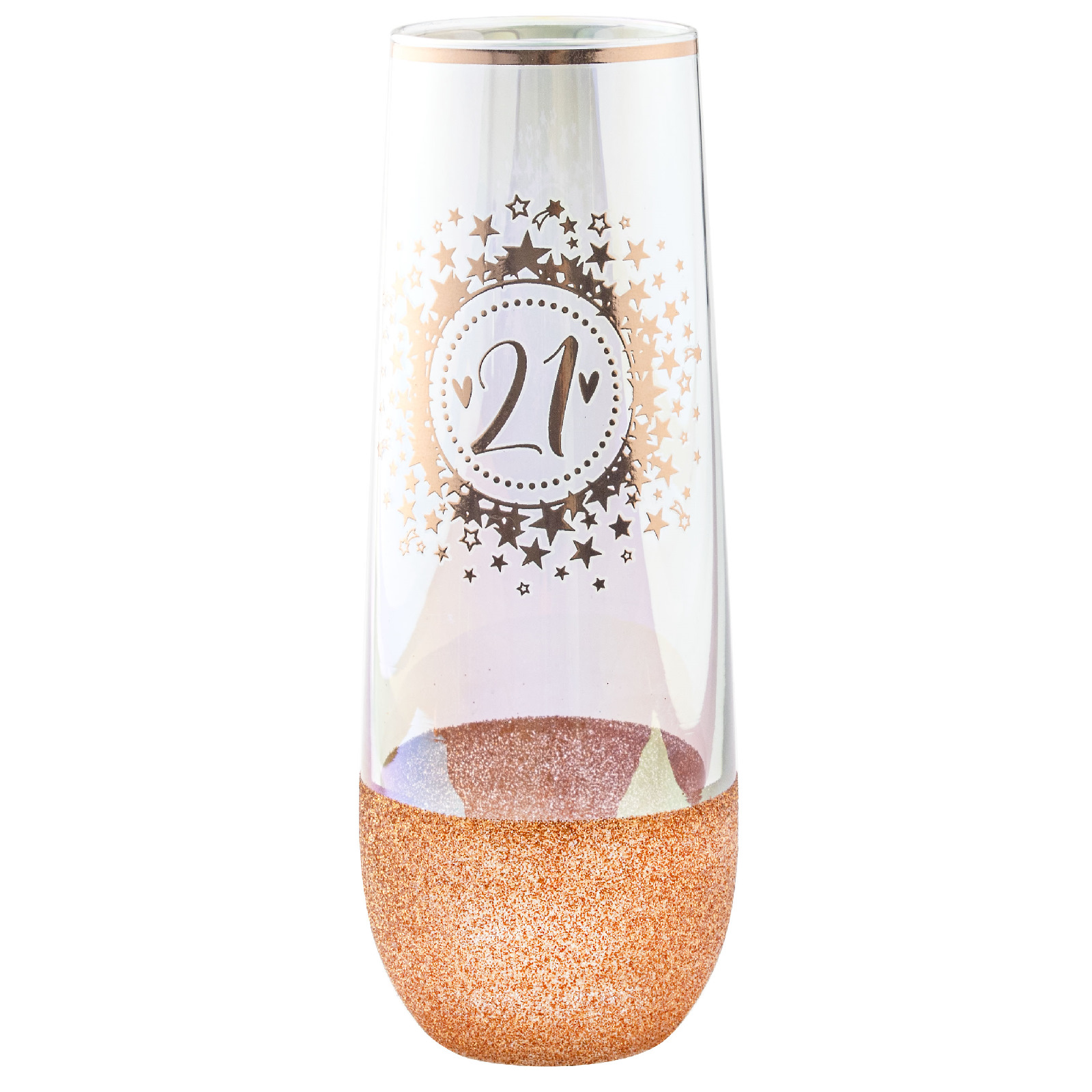 21st Birthday Rose Gold Glitter and Iridescent Stemless Champagne Glass