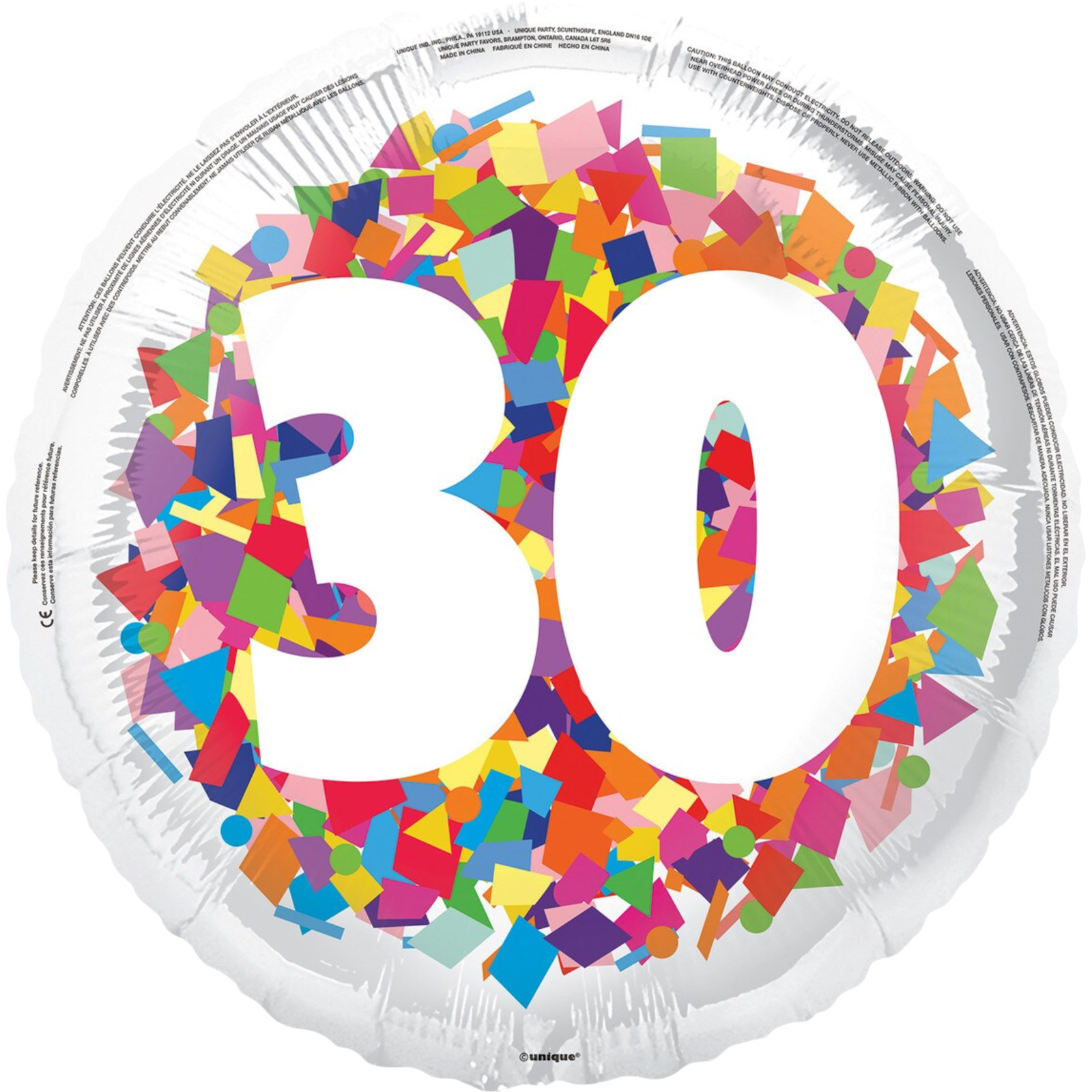Bright Confetti 30th Foil Helium Balloon