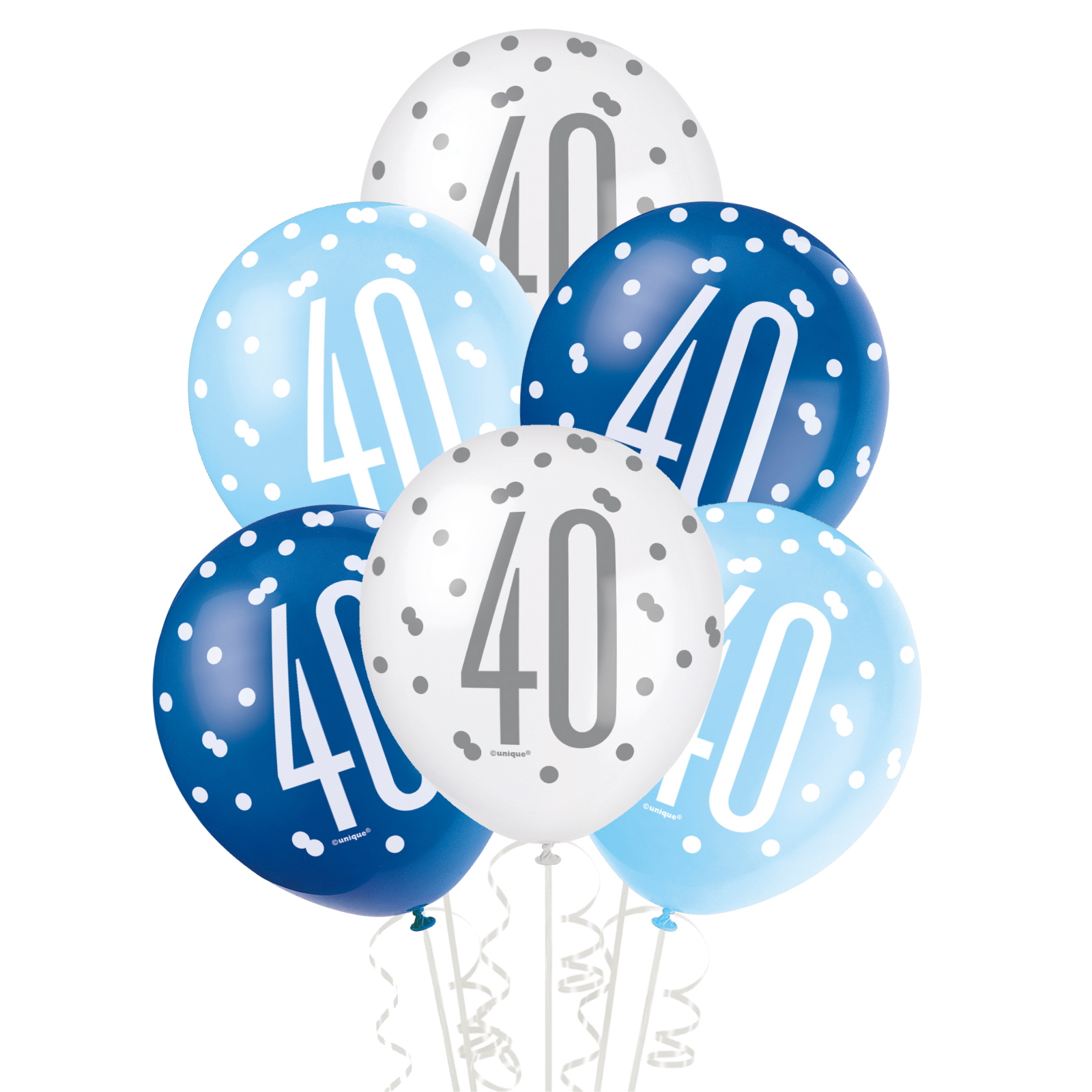 Blue & White Assorted 40th Birthday Balloons (Pack of 6)