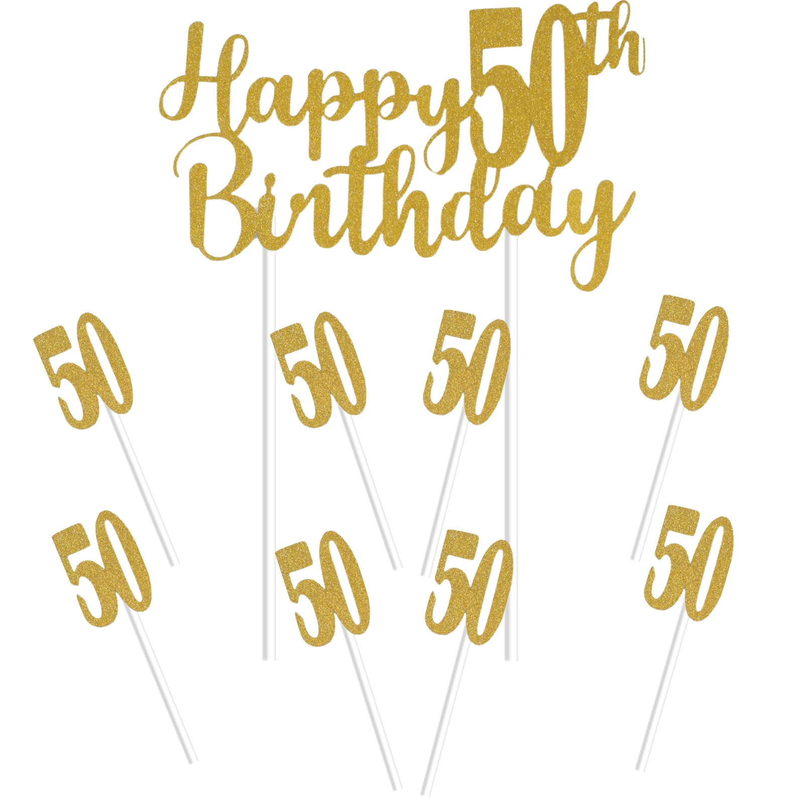Gold Happy 50th Birthday With 50's Cake Toppers (Pack of 7)
