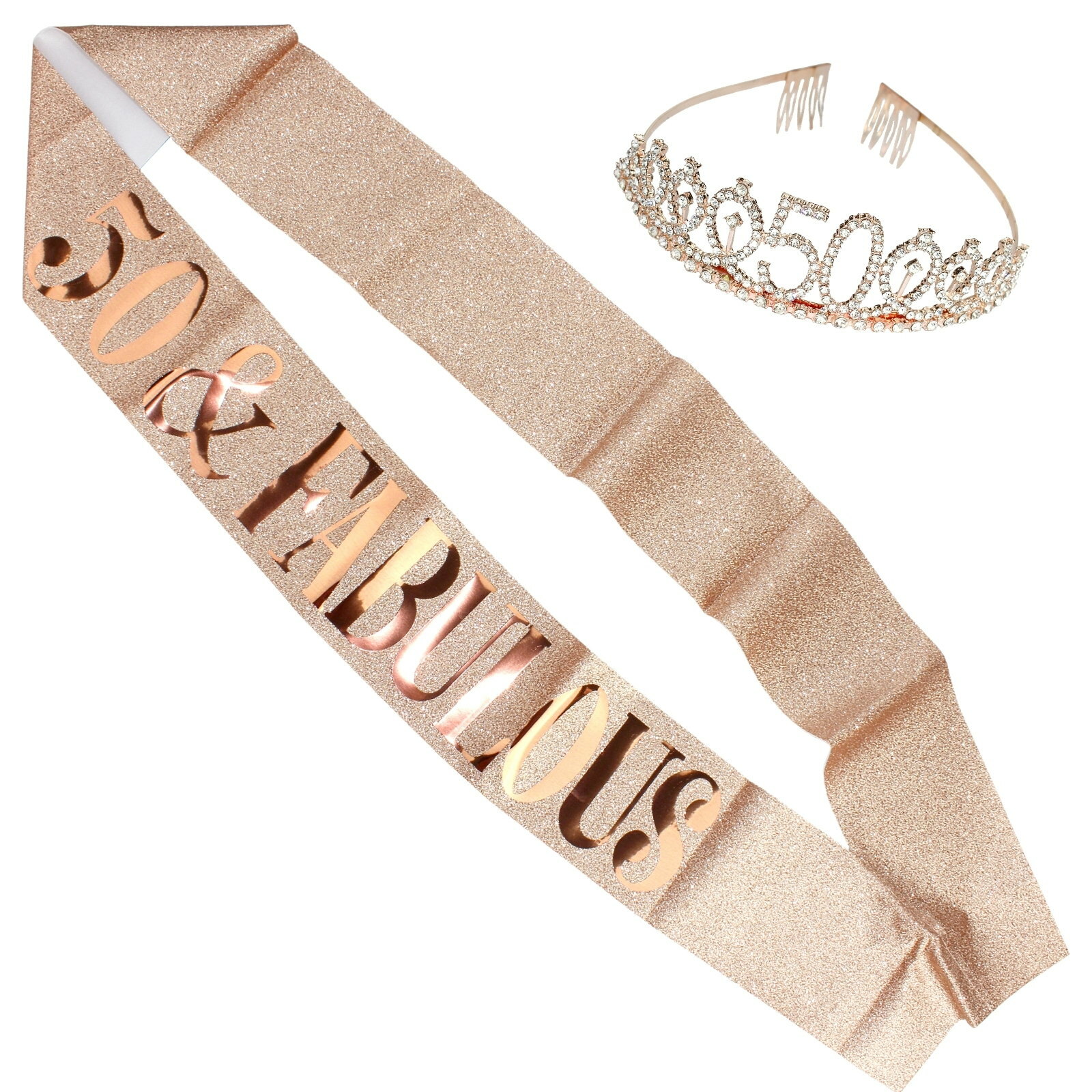 Rose Gold 50th Tiara & 50 & Fabulous Glitter Sash Set