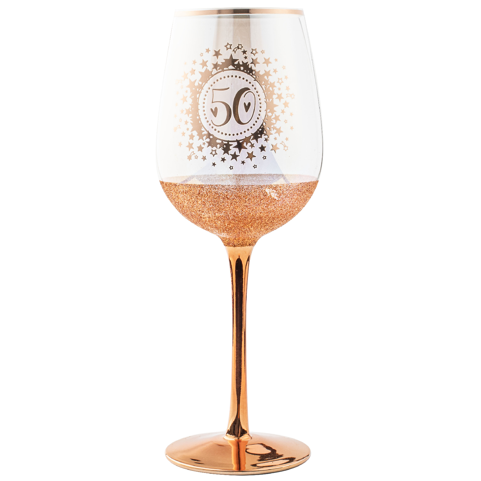 50th Birthday Rose Gold Glitter and Iridescent Wine Glass
