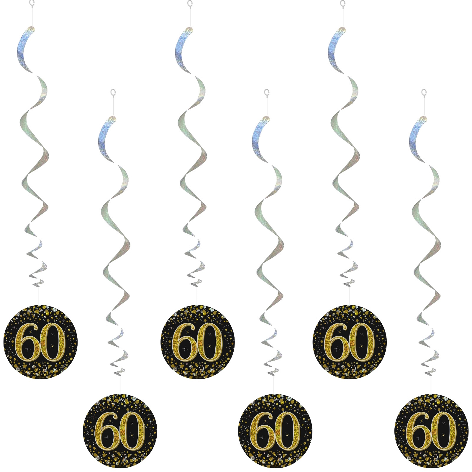 Sparkling Fizz Black and Gold 60th Holograph Swirls (Pack of 6)