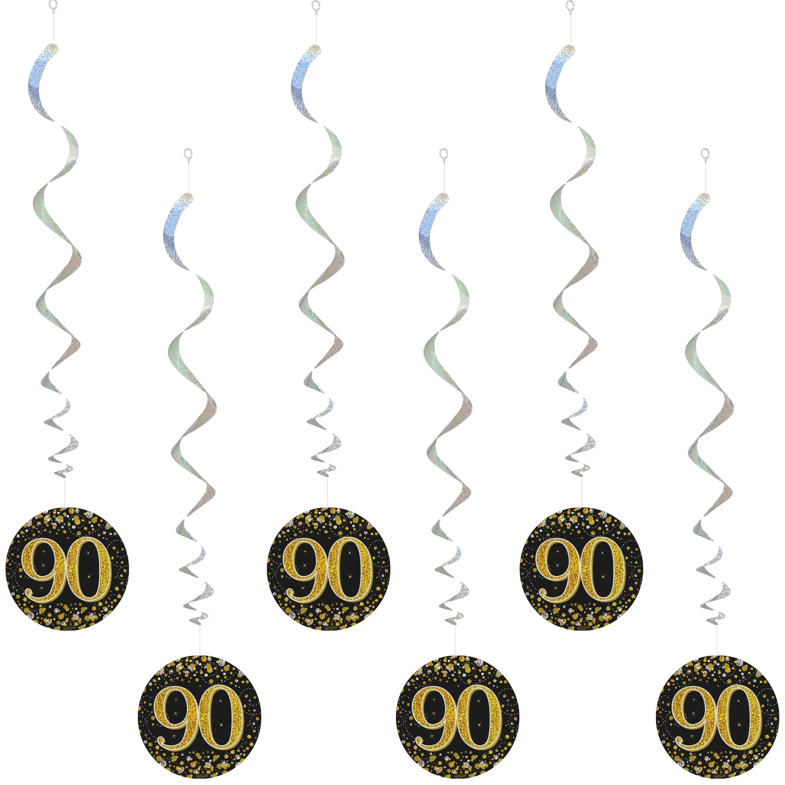 Sparkling Fizz Black and Gold 90th Holograph Swirls (Pack of 6)