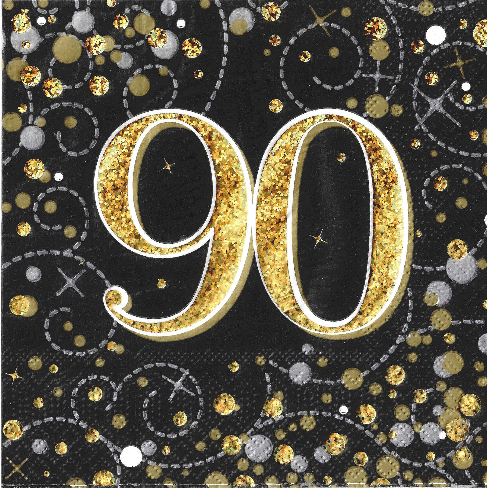 Sparkling Fizz Black and Gold 90th Holographic Large Napkins / Serviettes (Pack of 16)