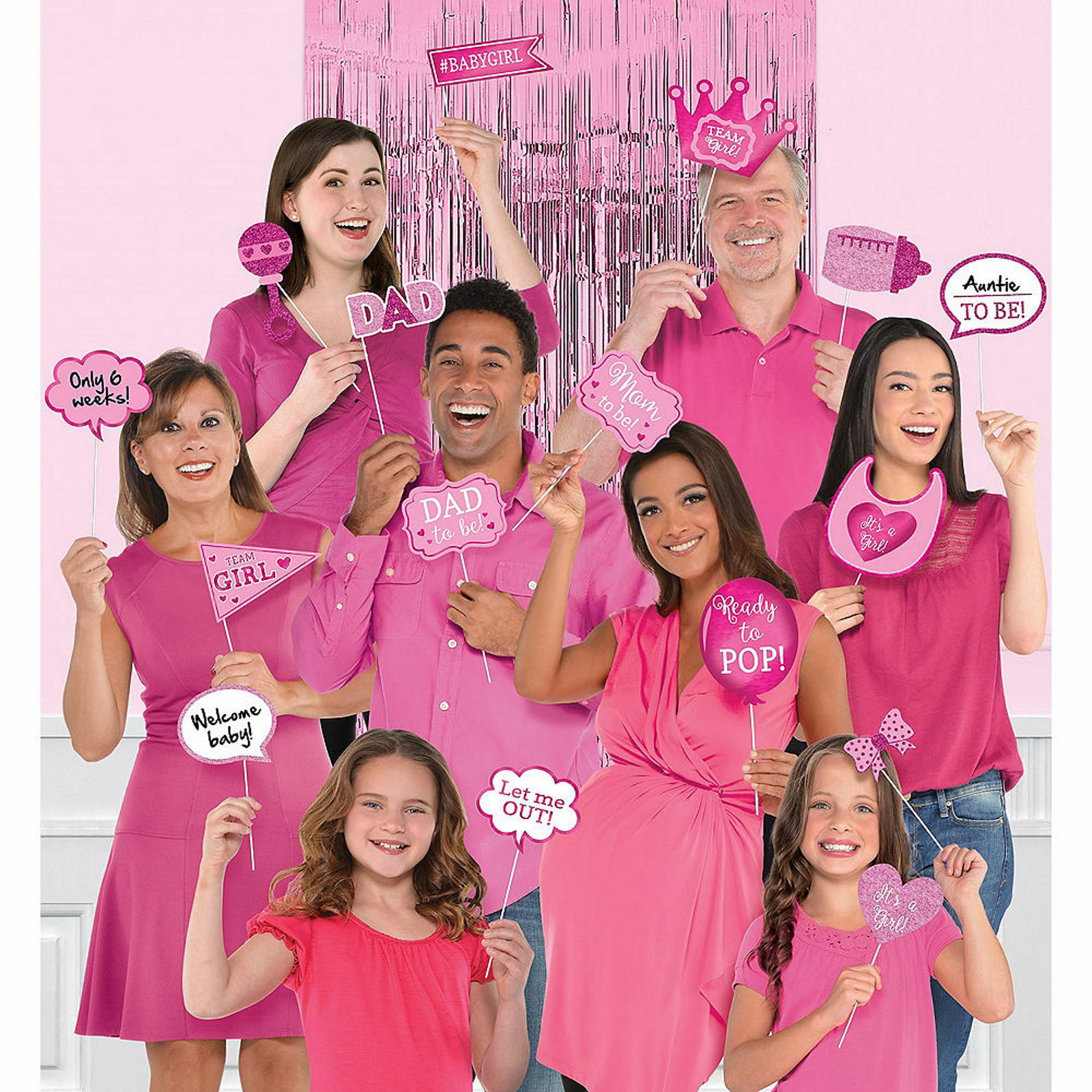 Baby Shower Girl Photo Booth Props & Pink Foil Backdrop (Pack of 21)