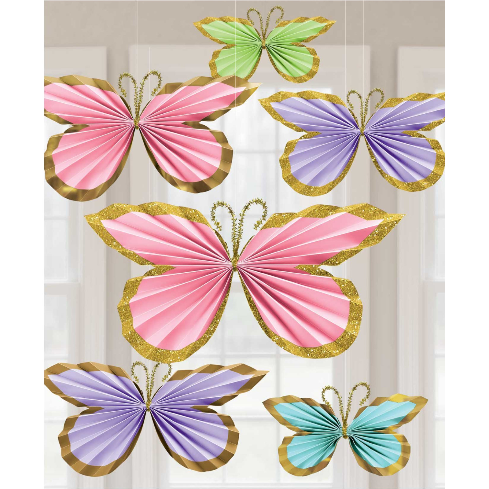 Pastel Glitter Butterfly Hanging Decorations (Pack of 6)