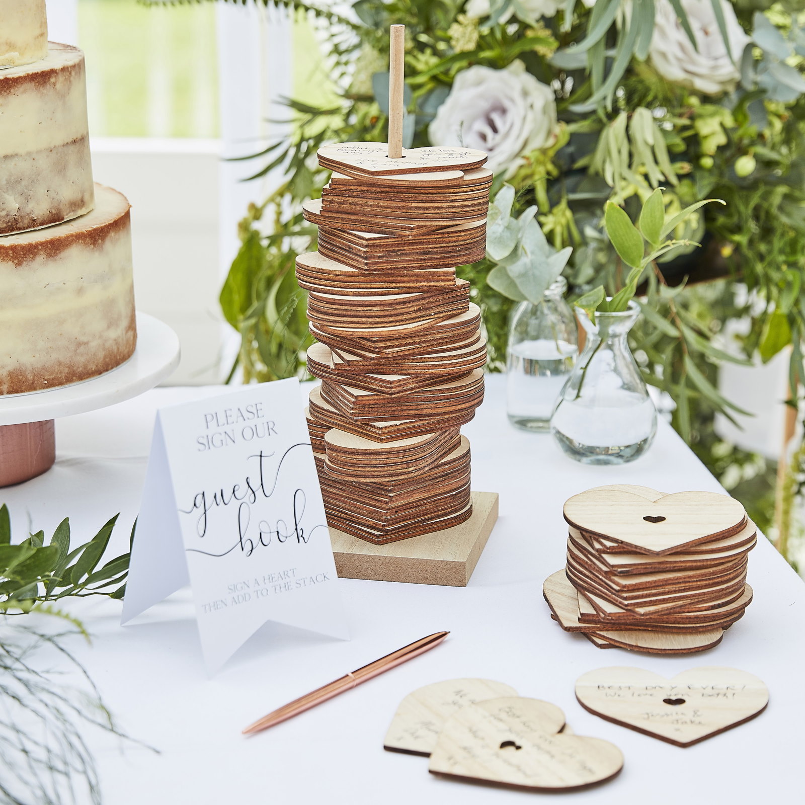 Ginger Ray Botanical Wedding Wooden Stacking Heart Guest Book