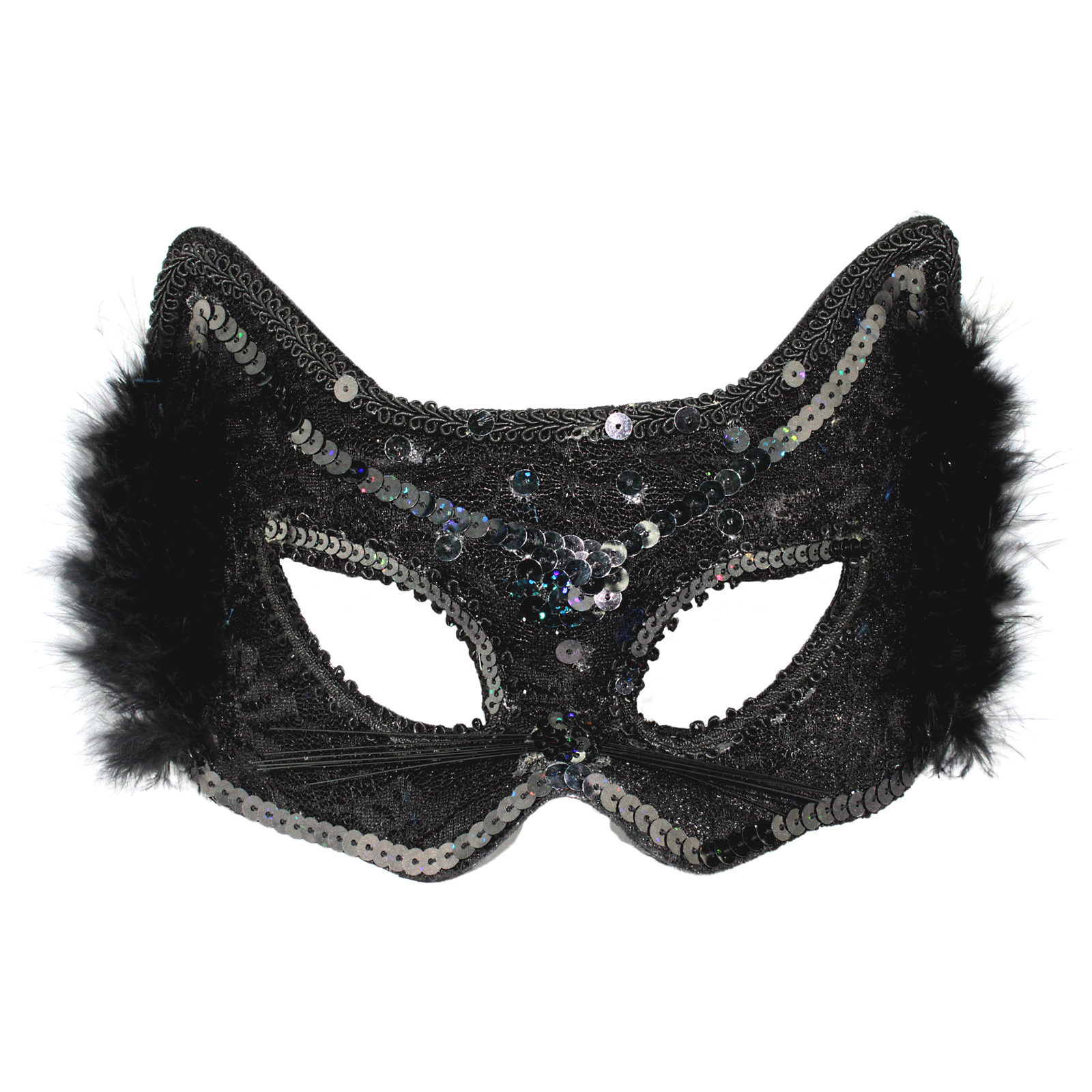 Adult Black Marabou Cat Masquerade Mask 
