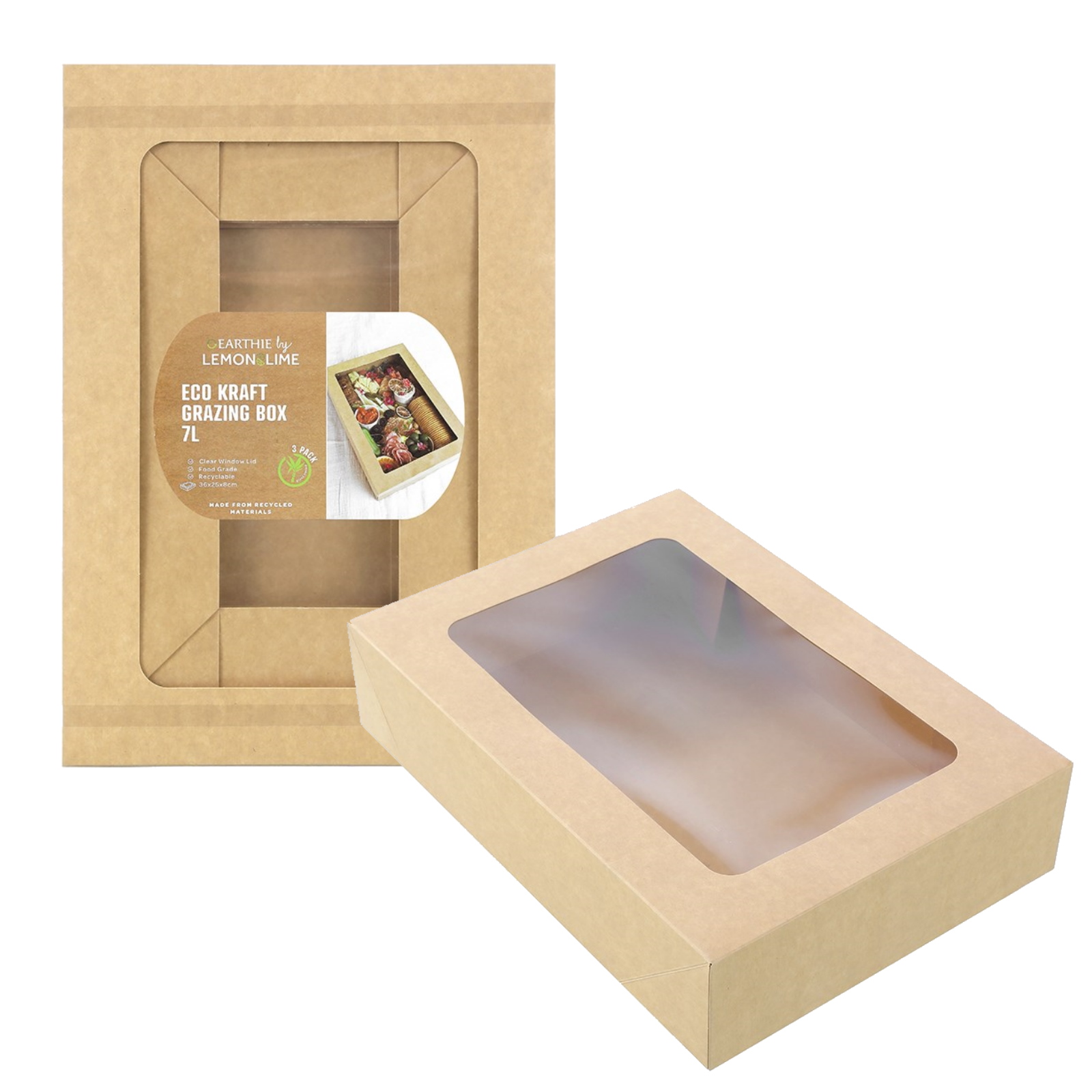 Lemon & Lime Eco Kraft Grazing Boxes with Lids 36cm x 25cm x 8cm (Pack of 3)