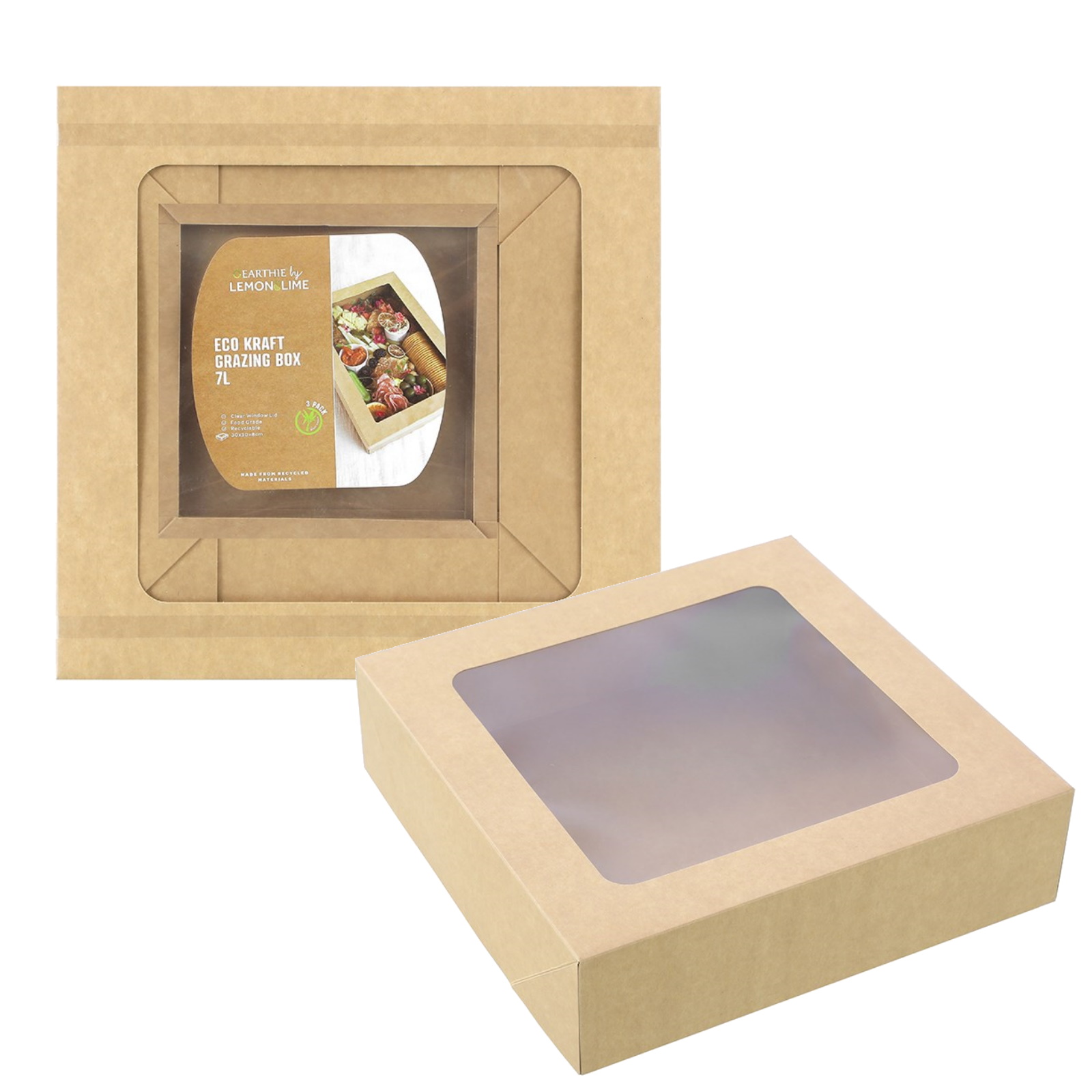 Lemon & Lime Eco Kraft Grazing Boxes with Lids 30cm x 30cm x 8cm (Pack of 3)