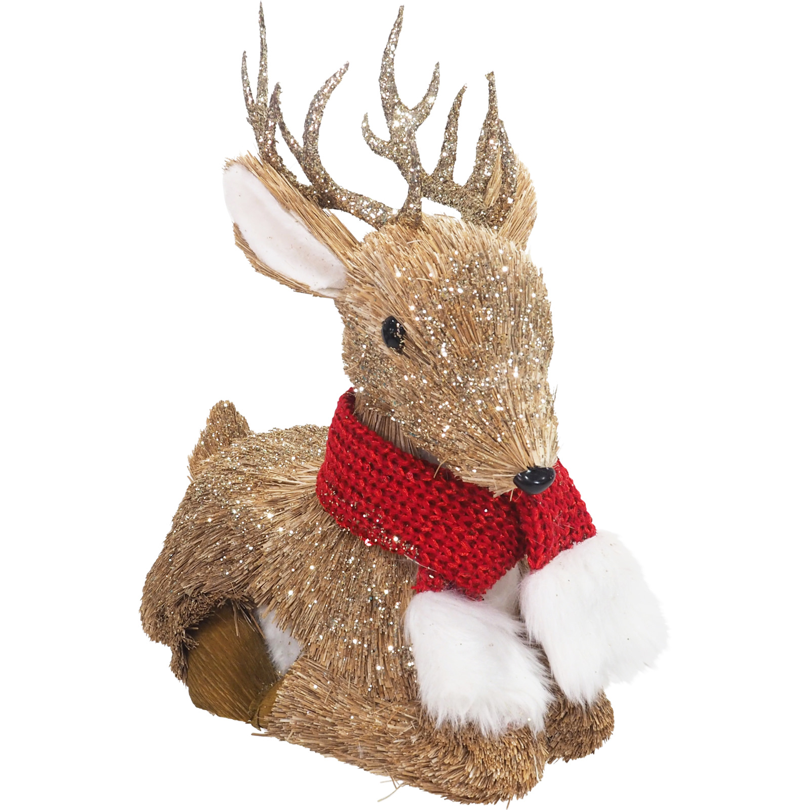 Sisal Sitting Reindeer With Red Christmas Scarf 31cm 