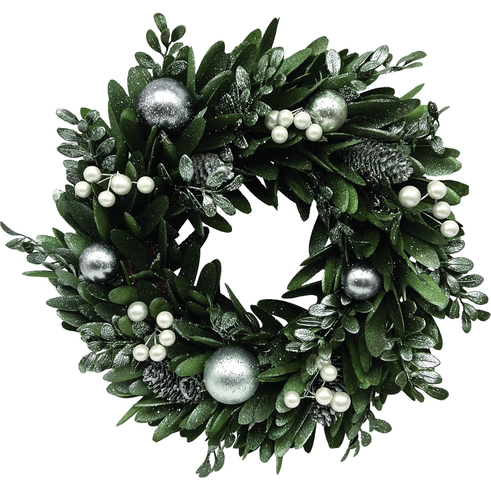 Christmas Wreath With Silver Baubles and Pinecones 32cm 