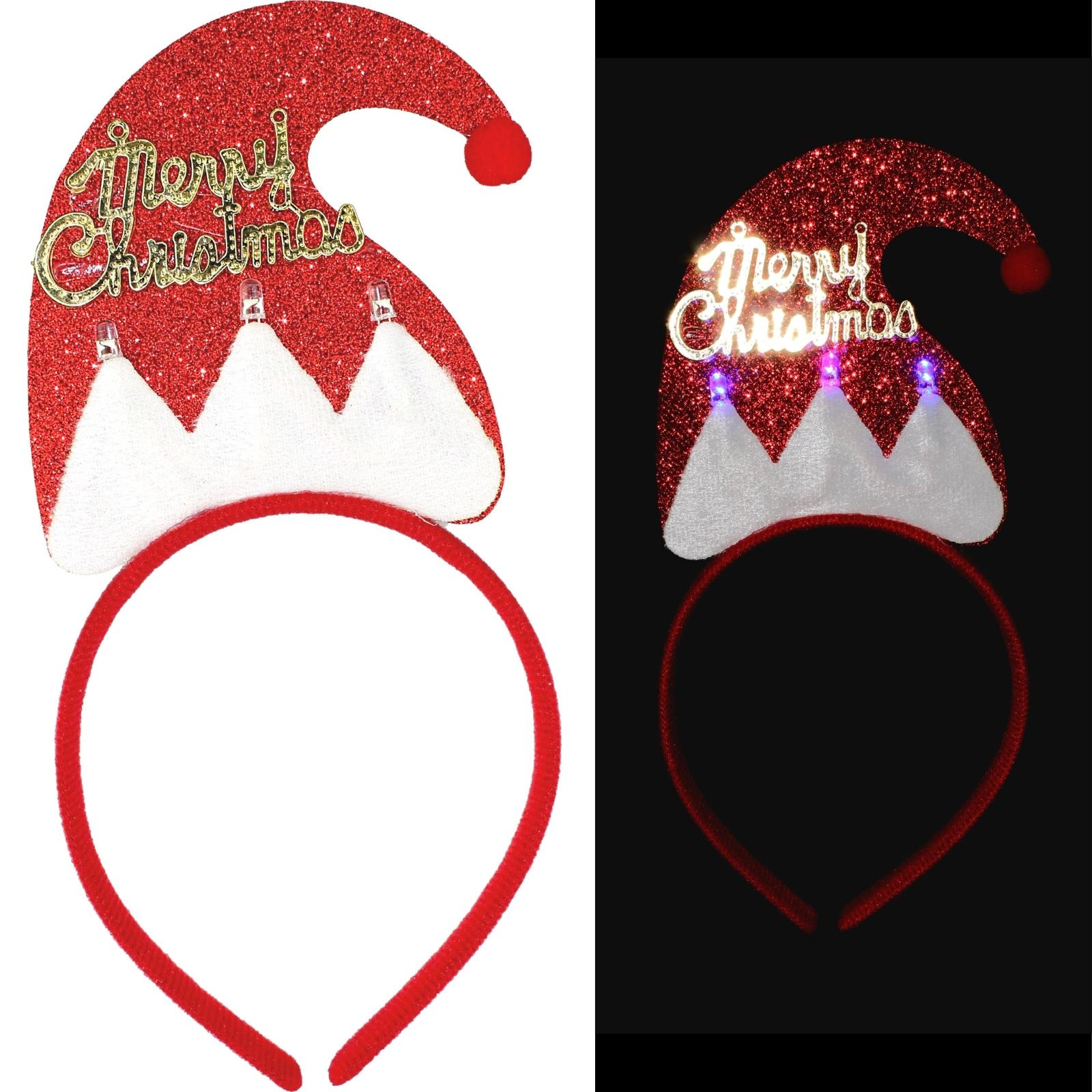 Red Glitter Santa Hat Headband with Flashing Lights