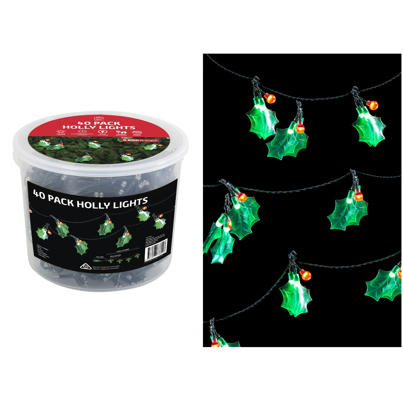 40 Christmas Tree Holly Leaf LED Lights 5.85m