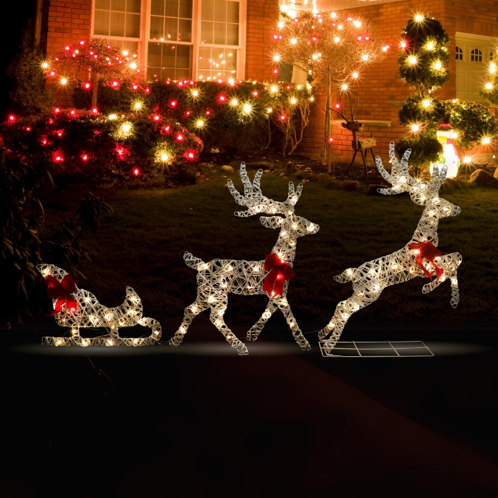 Warm White LED Reindeers & Sleigh Scene 150cm