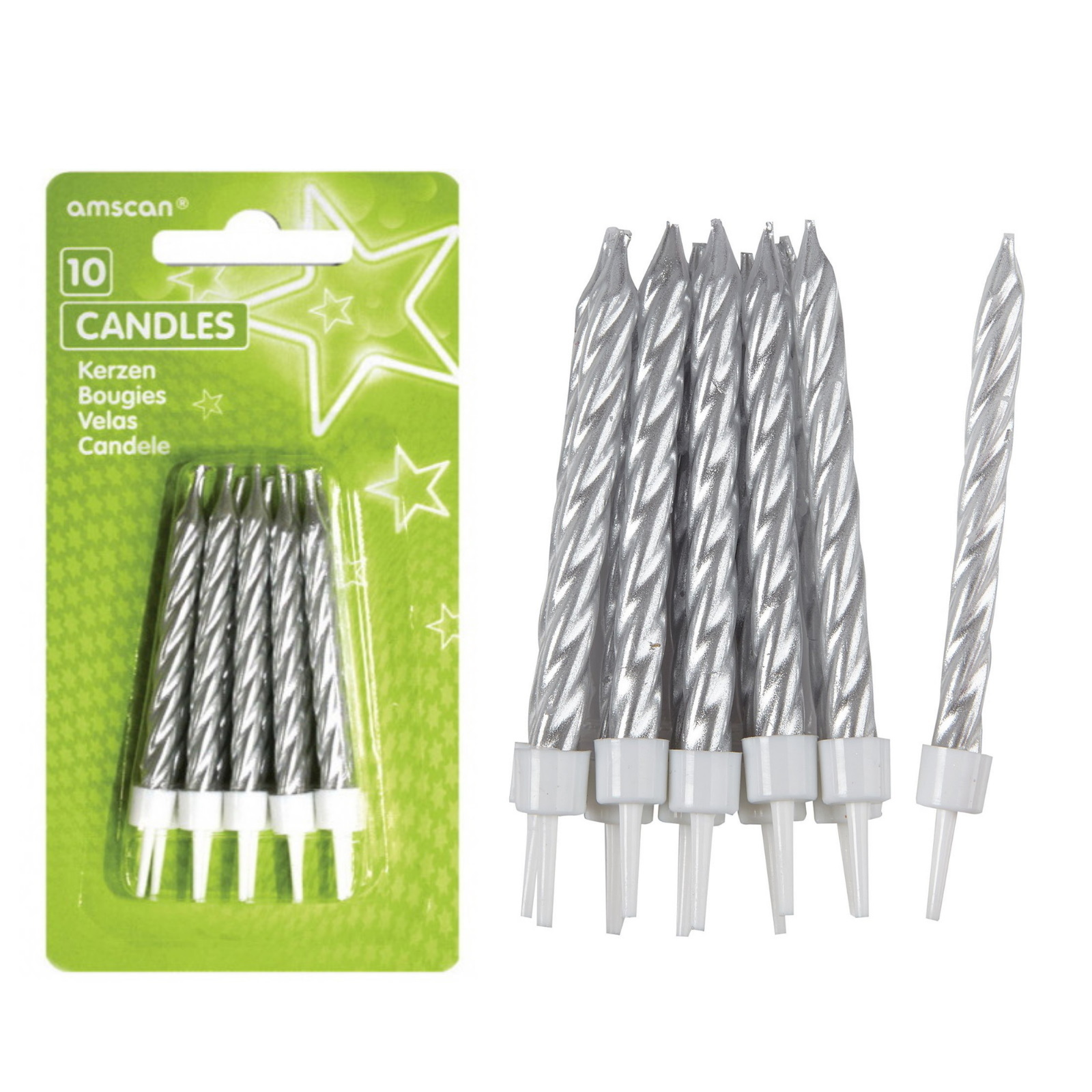 Silver Metallic Spiral Candles (Pack of 10)