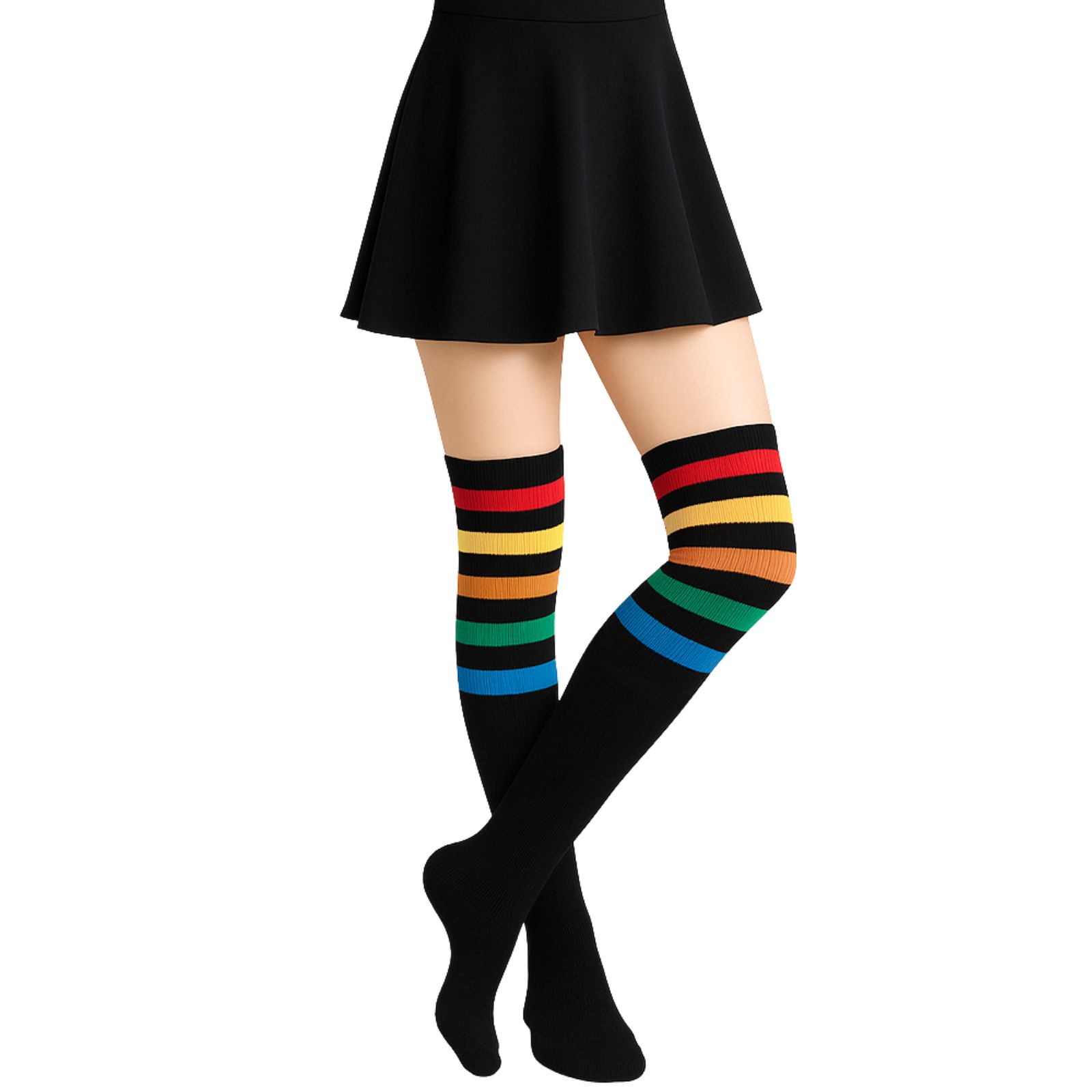 Over The Knee Black and Rainbow Striped Socks 