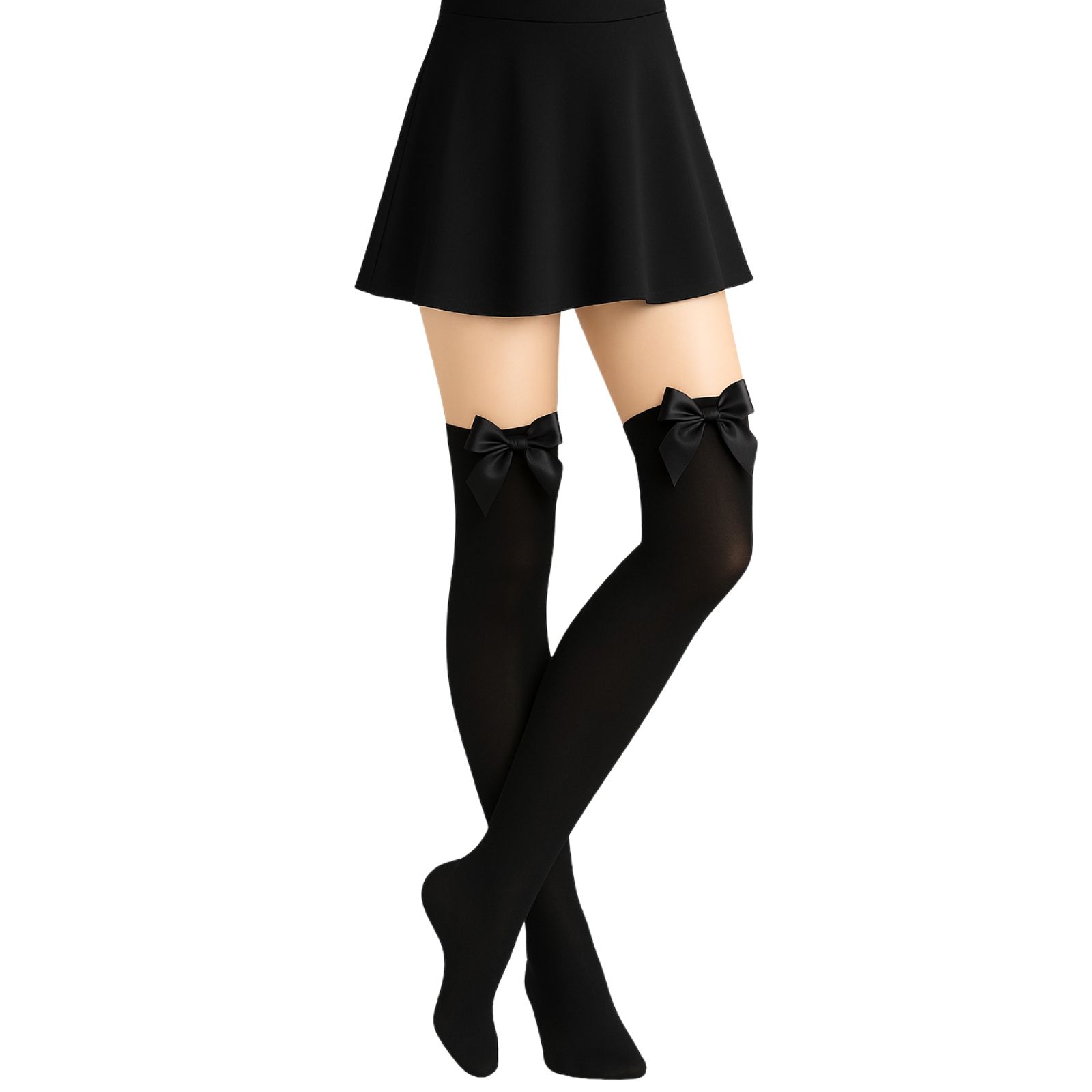Over The Knee Black Opaque Stockings With Satin Bows 