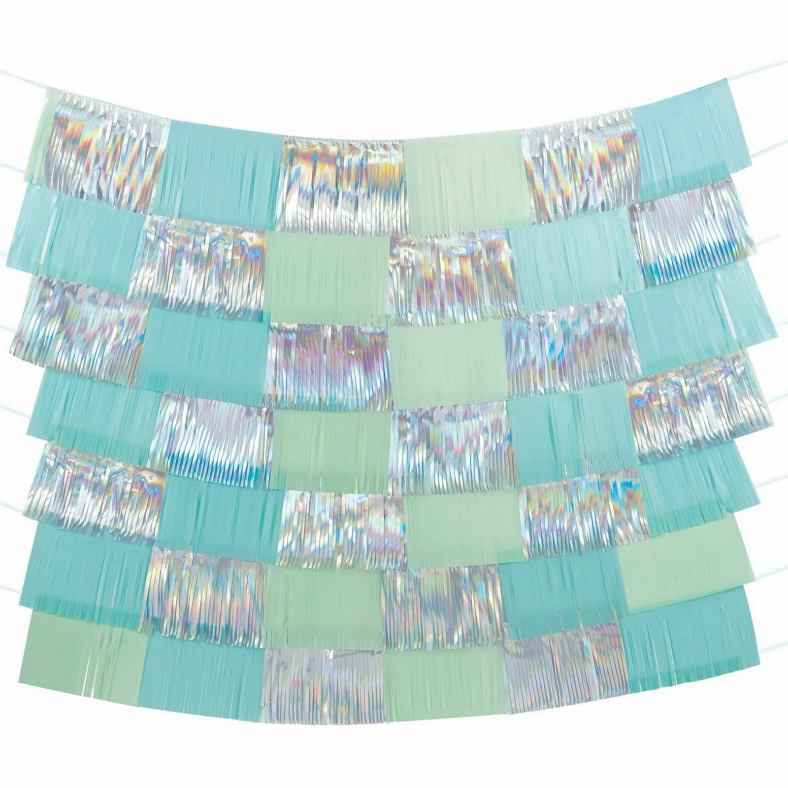 Iridescent Silver, Teal & Mint Green Fringe Backdrop Decoration