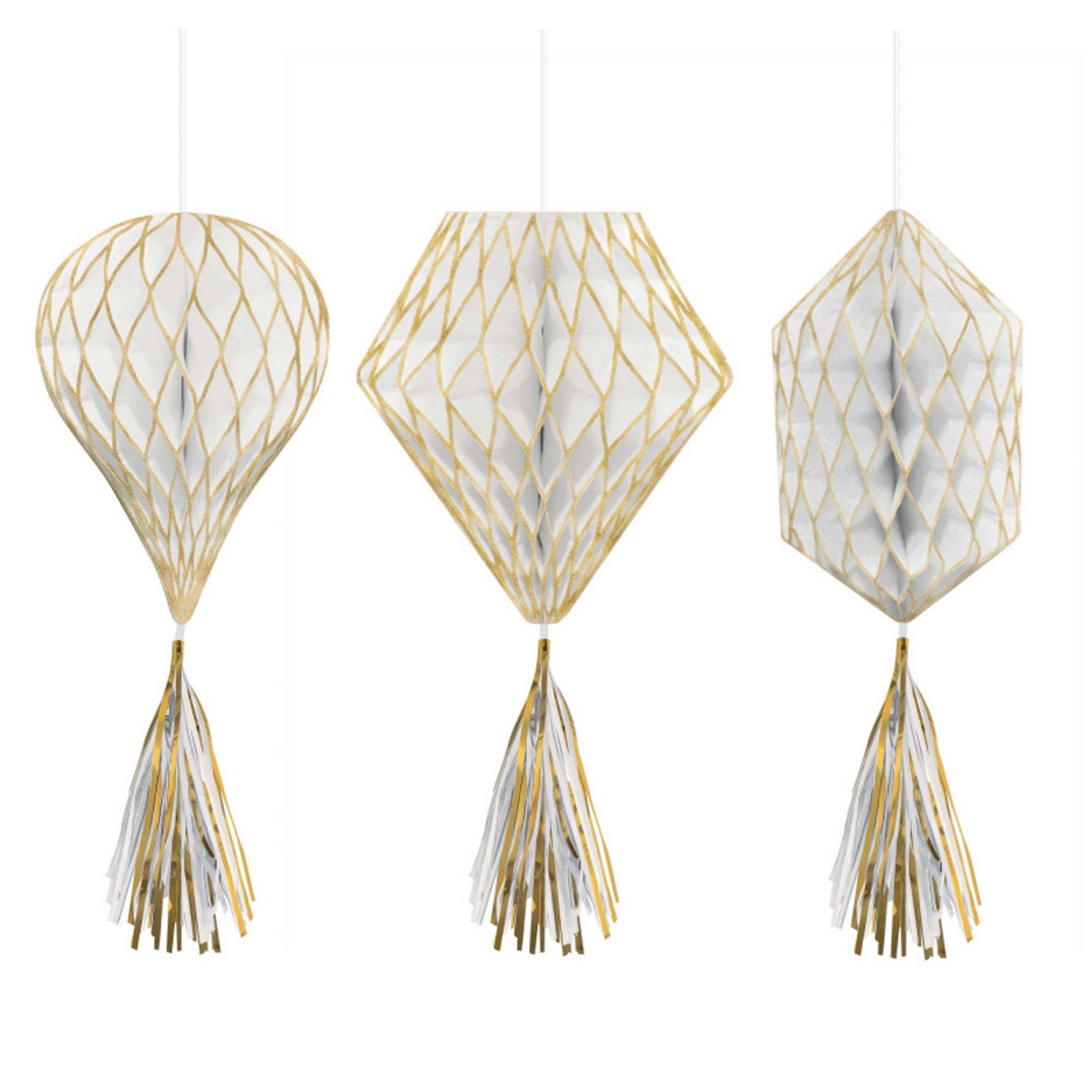 Gold and White Tissue Paper Honeycomb Tassel Decorations (Pack of 3)