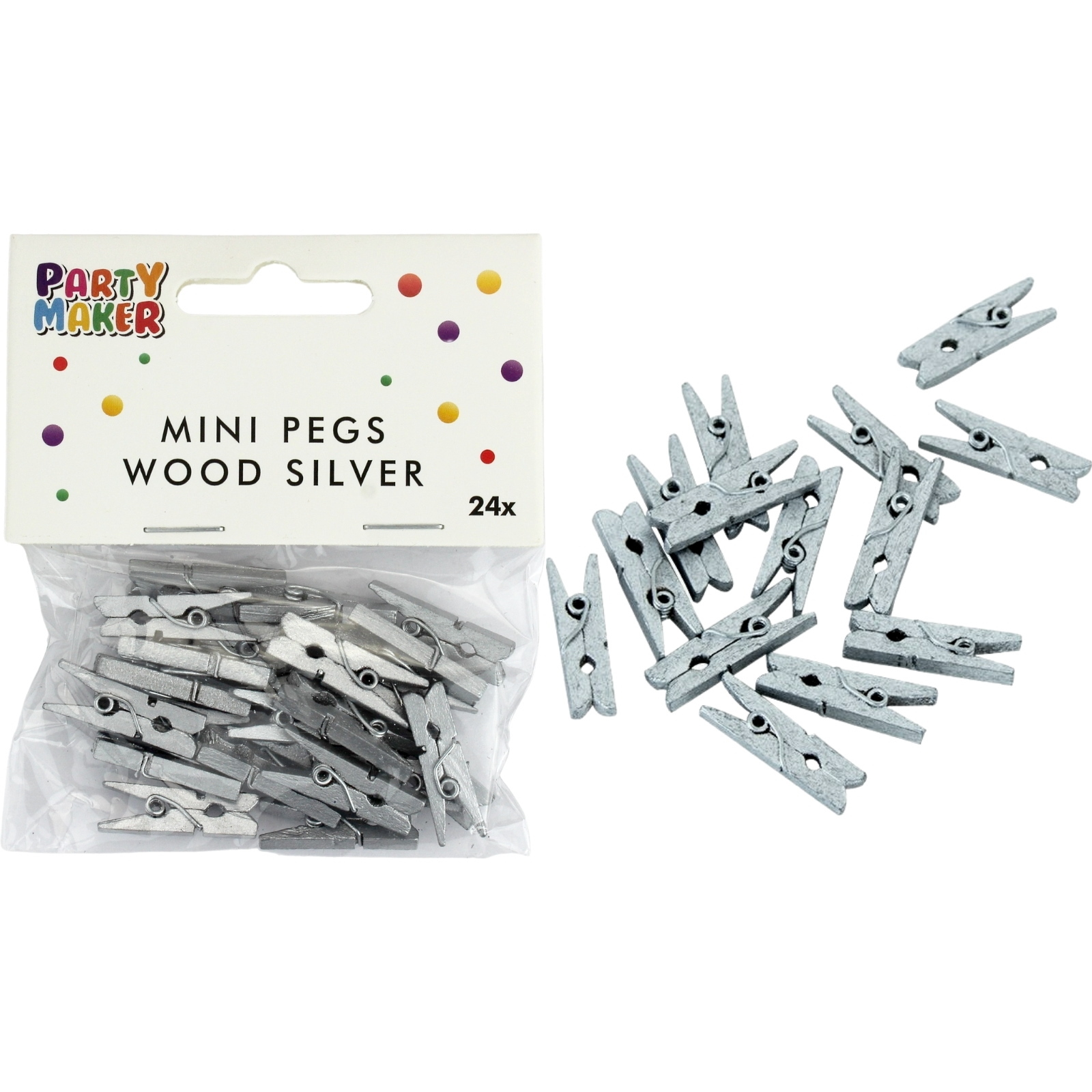 Mini Silver Wooden Pegs (Pack of 24)