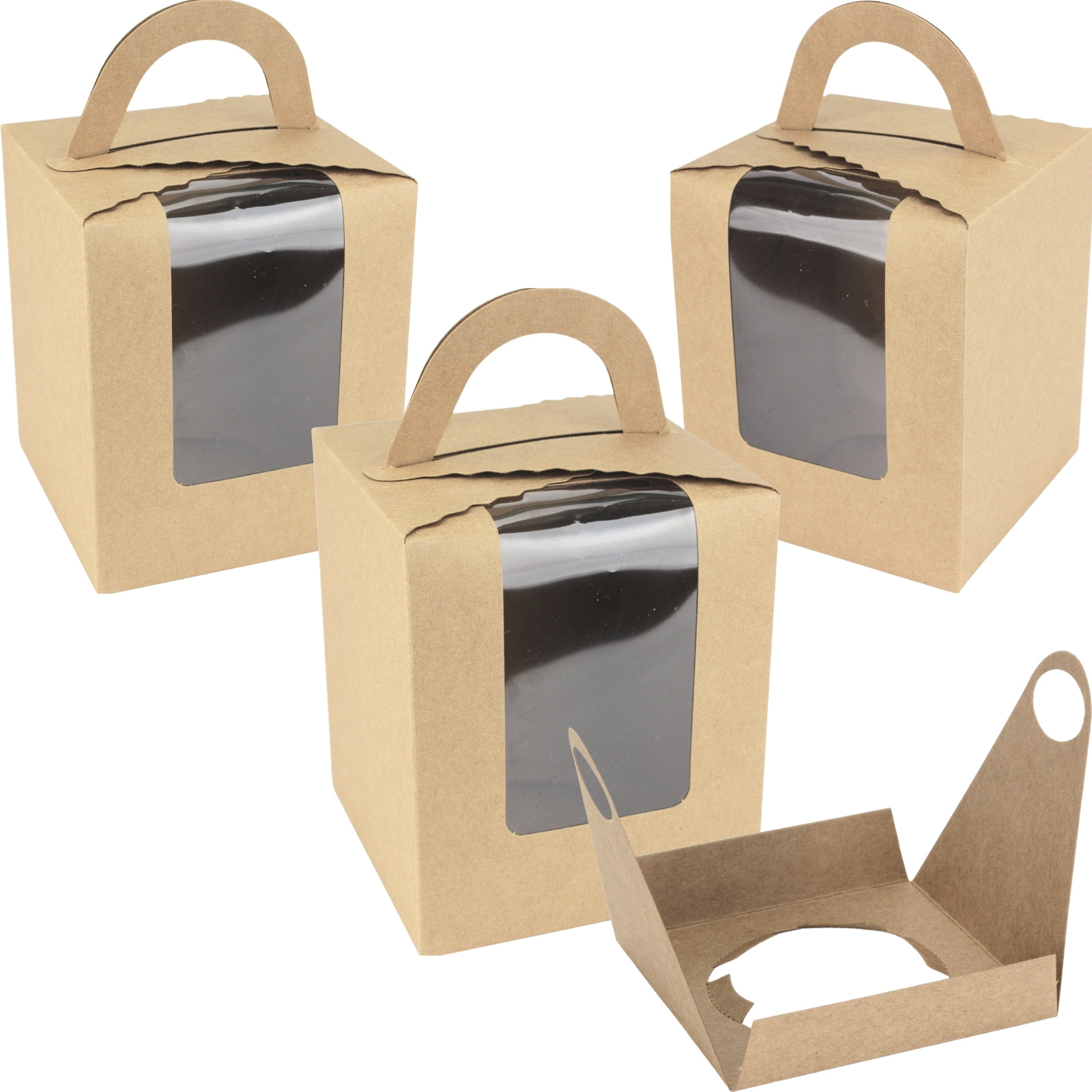 Brown Kraft Scalloped Cupcake Boxes with Window and Handle (Pack of 6)