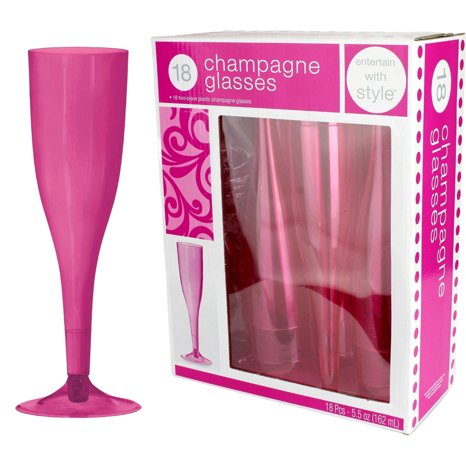 Hot Pink Plastic Champagne Glasses (Pack of 18)