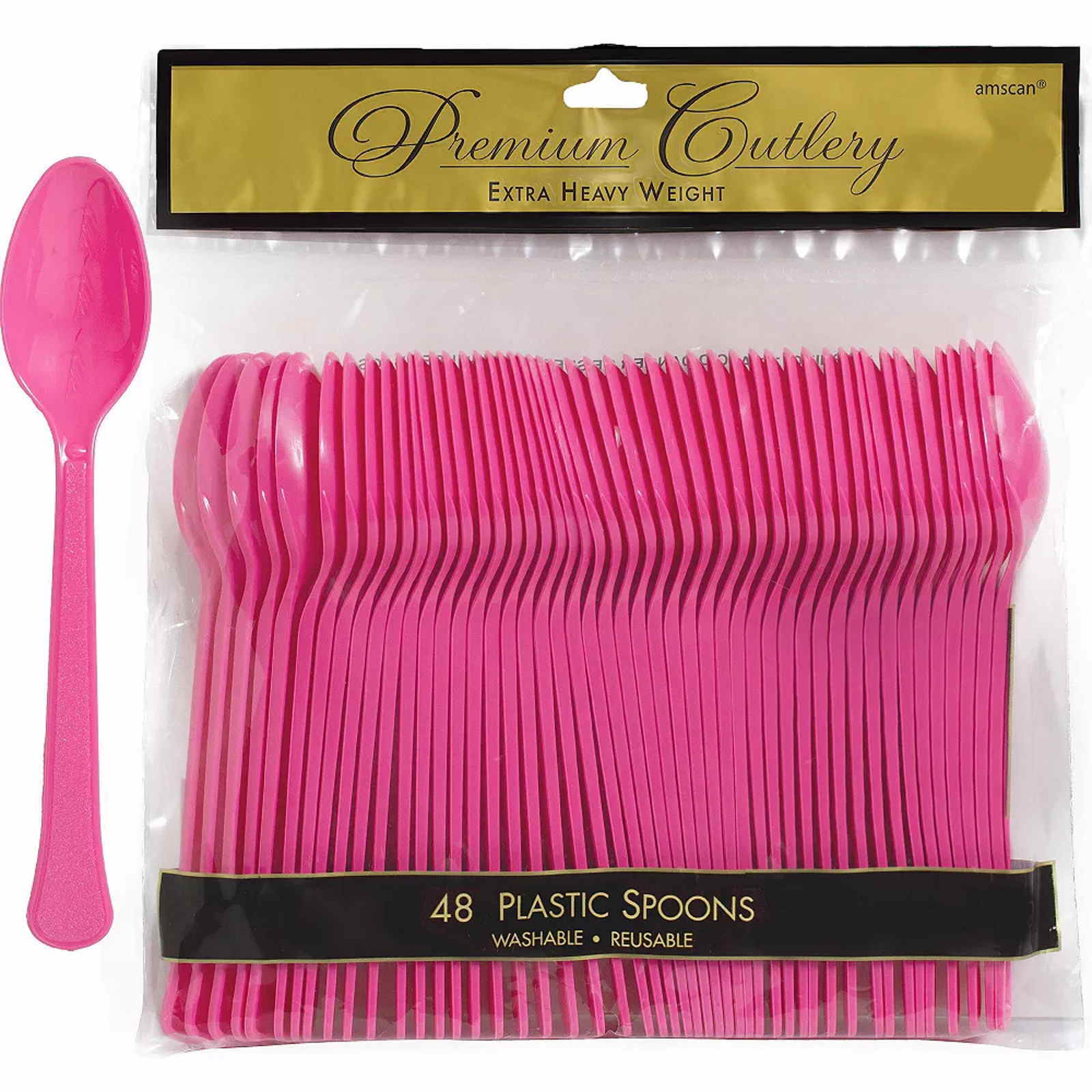 Hot Pink Premium Reusable Plastic Spoons (Pack of 48)