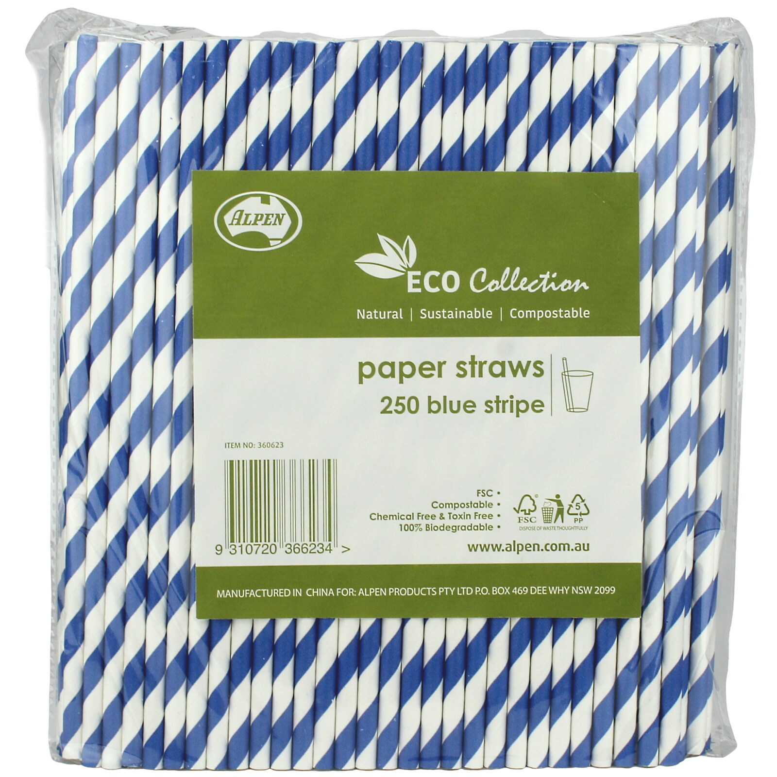 Blue and White Striped Paper Eco Straws (Bulk Pack of 250)