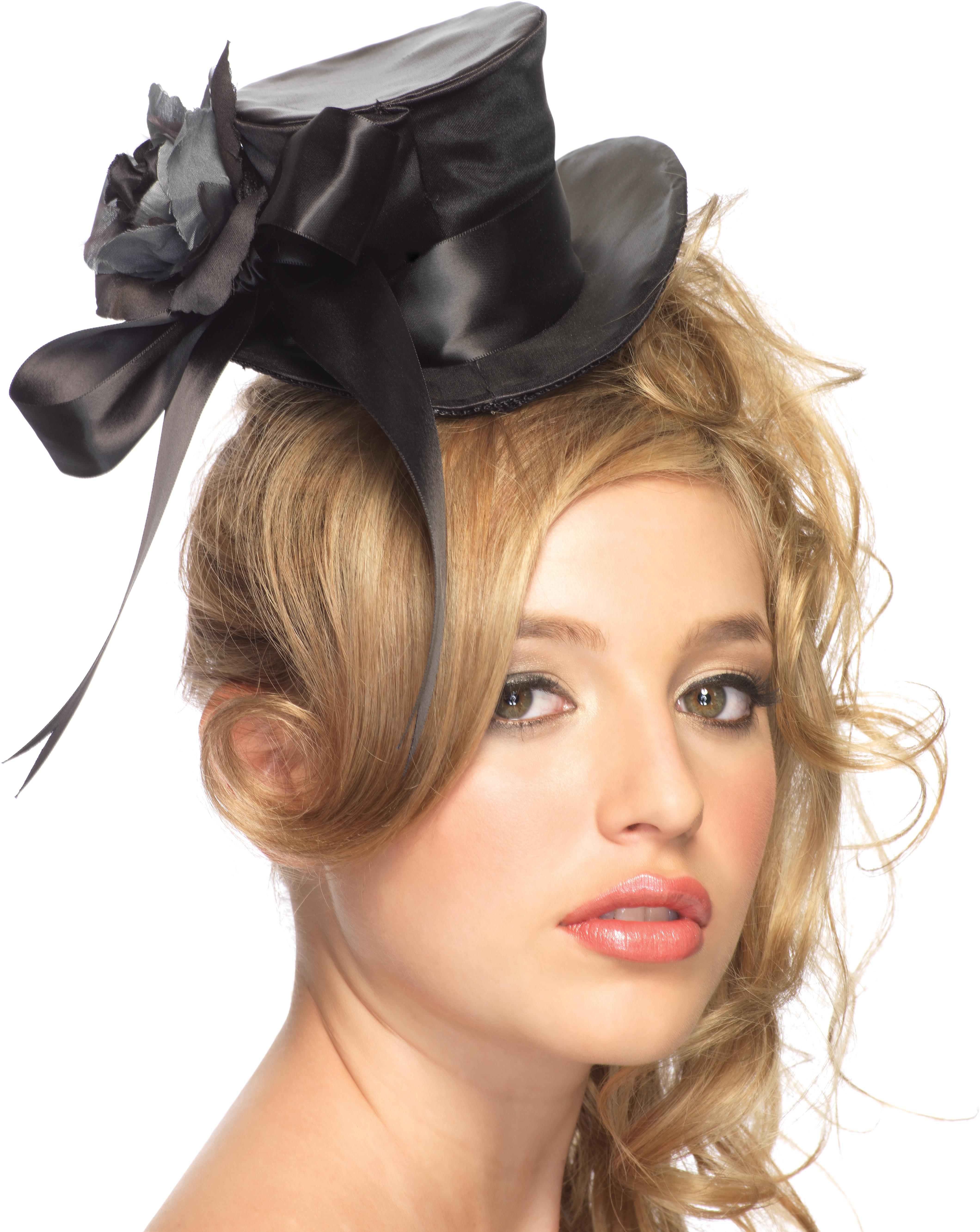 Black Mini Satin Top Hat With Rose Adult Costume Accessory
