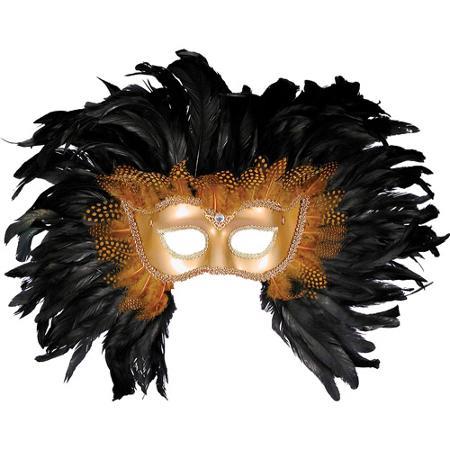 Mardi Gras Gold Black Feather Festival Half Adult Mask