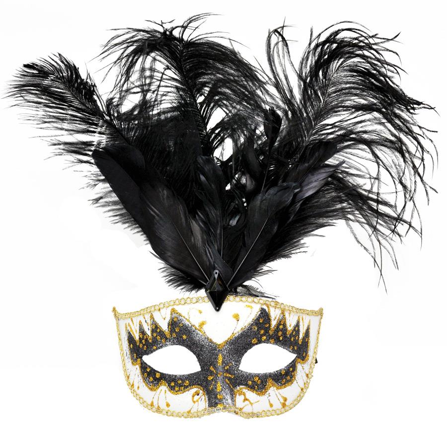 Venetian Carnival Feather Plume Black Gold Adult Mask