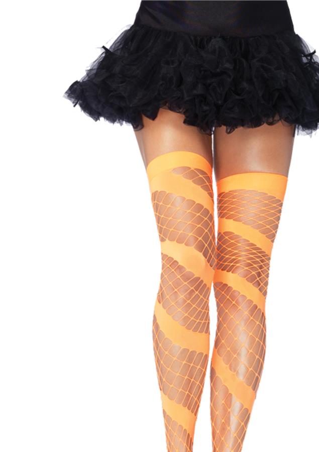 Neon Orange Diamond Fishnet Thigh Highs Adult Costume Accessory