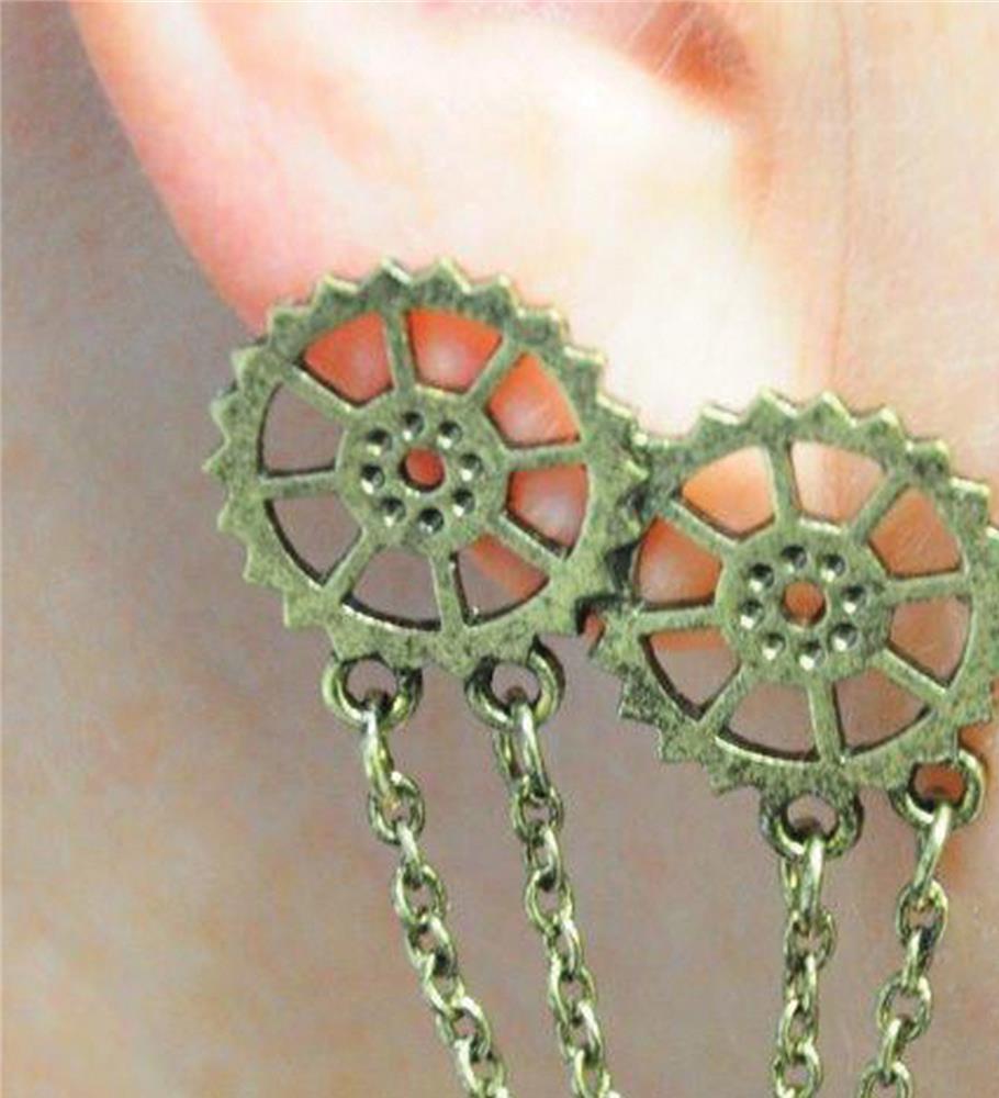 Gear Drop Chain Stud Earrings Adult Costume Accessory
