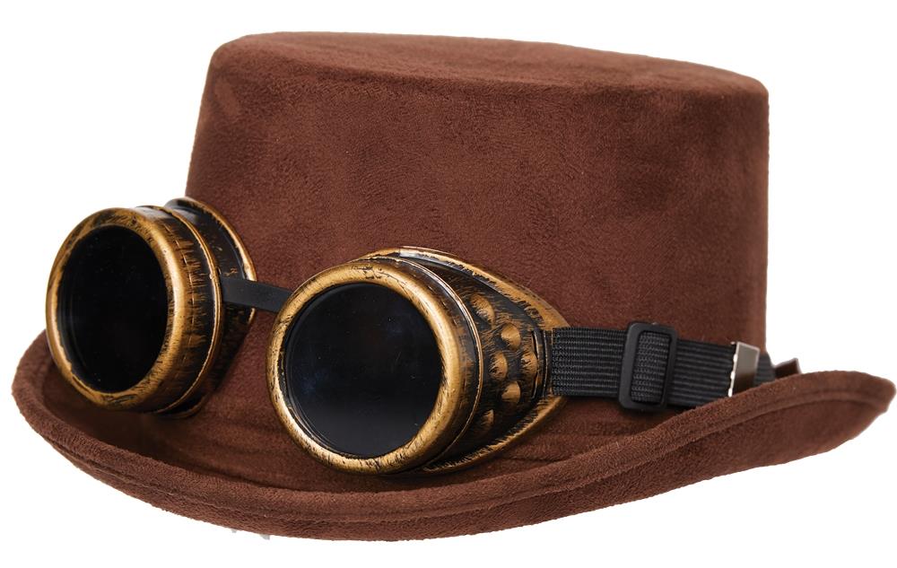 Faux Suede Steampunk Goggles Adult Top Hat