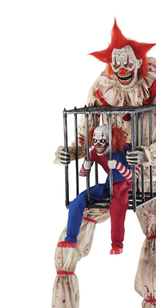 Cagey the Clown With Mini Clown in Cage Animated Halloween Prop