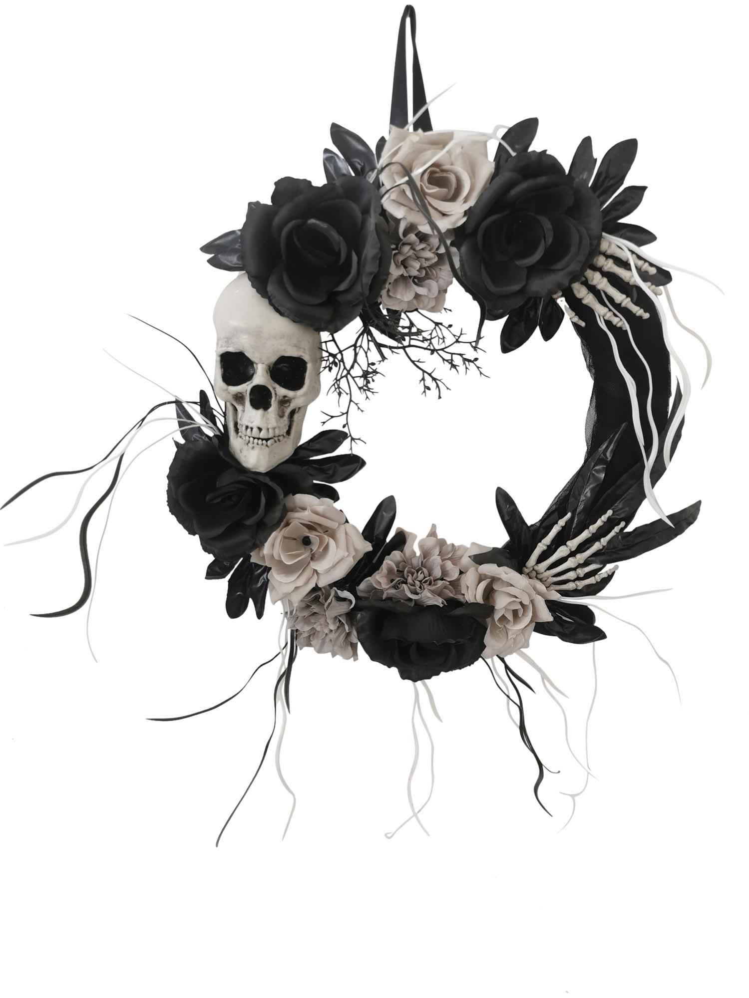 Black White Skull Roses Wreath 18in Halloween Prop