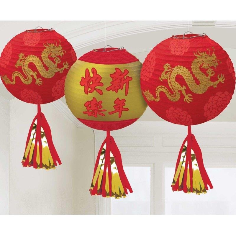 Lunar New Year Deluxe Paper Lanterns and Tassels Pack of 3