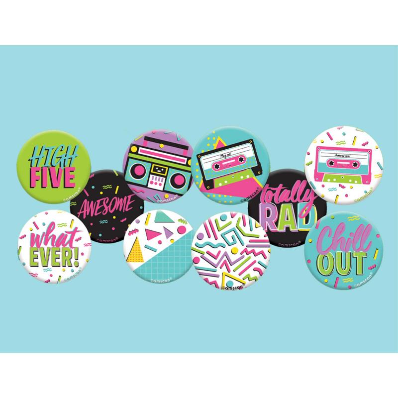Awesome Party 80's Button Badges Pack of 10