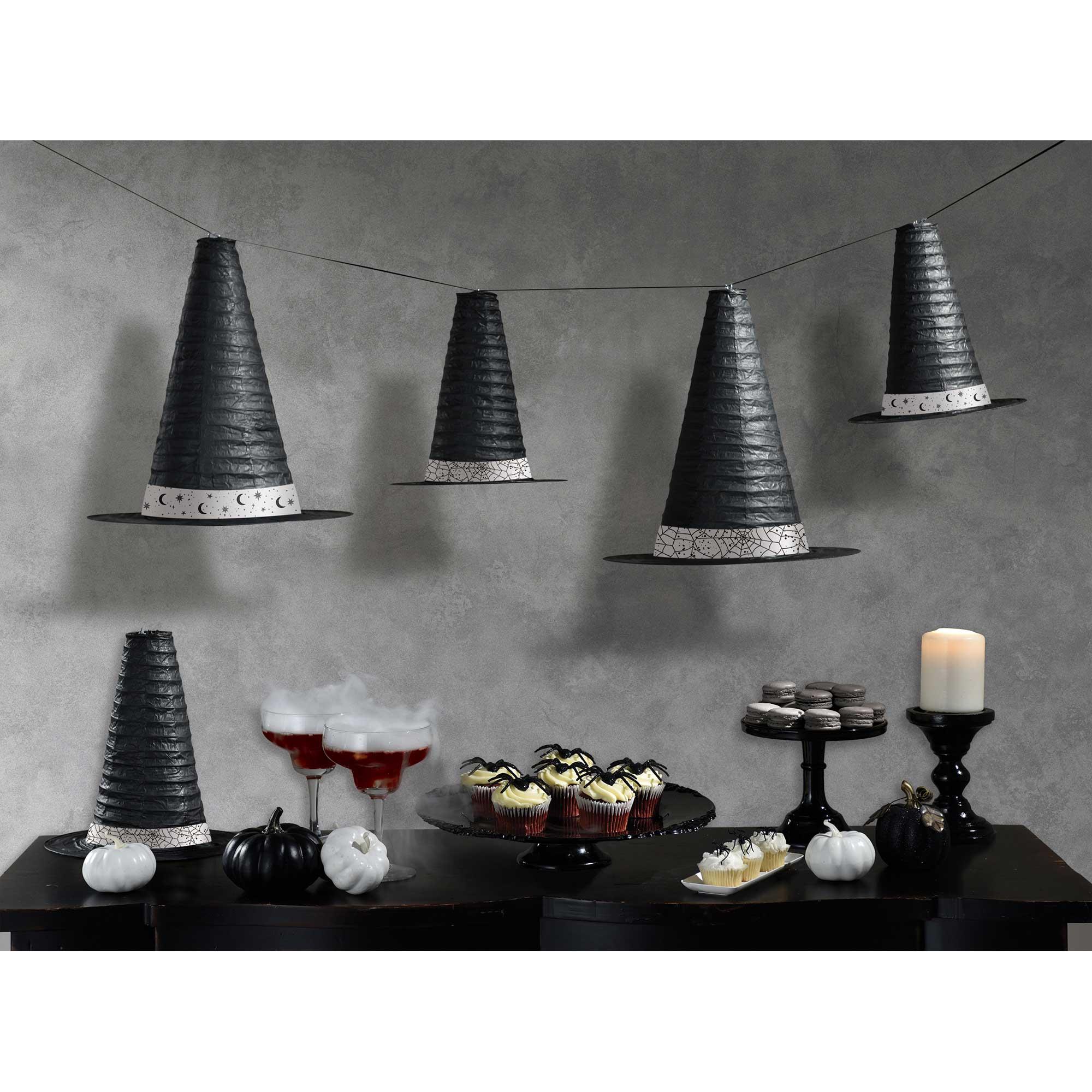 Halloween Classic Black White Witch Hat Hanging Lanterns Pack of 4