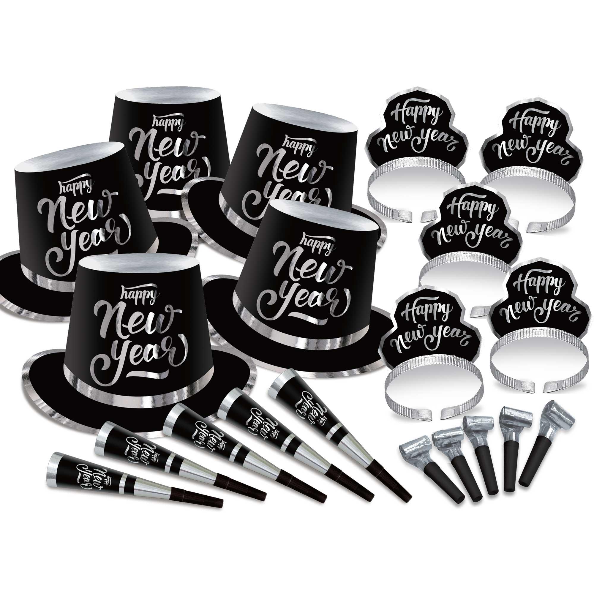 New Year's Party Box Kit Black Silver For 50 People