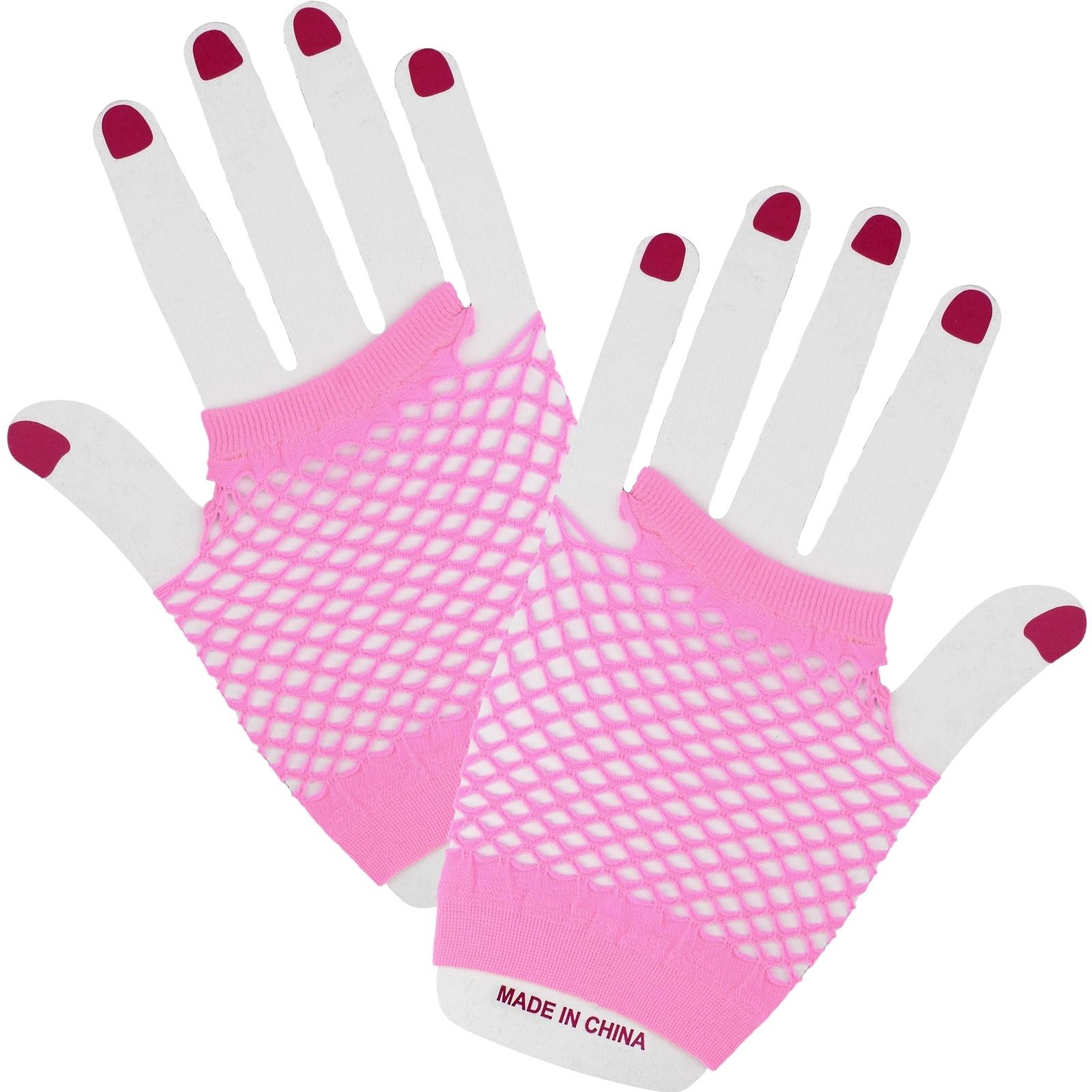 Neon Pink Short Fingerless Fishnet Gloves