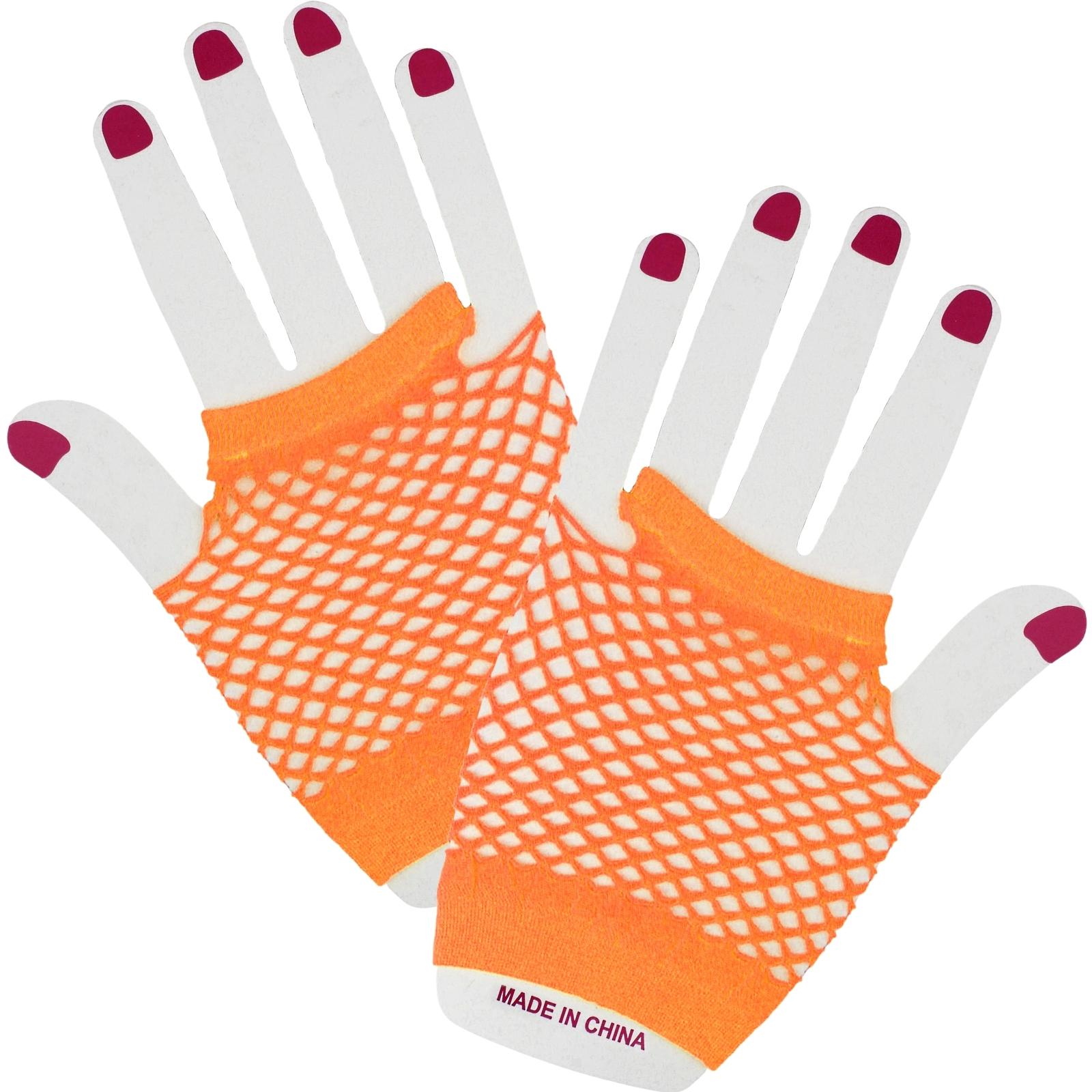 Neon Orange Short Fingerless Fishnet Gloves