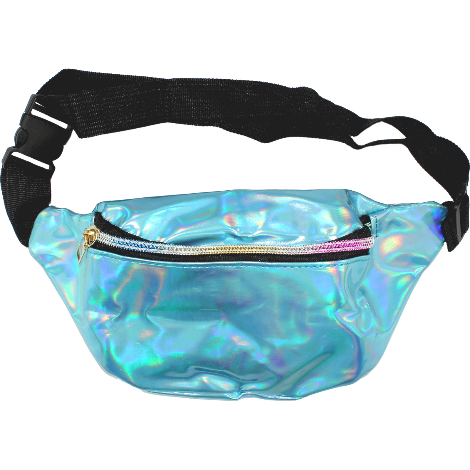 Iridescent Blue Bum Bag with Rainbow Zip