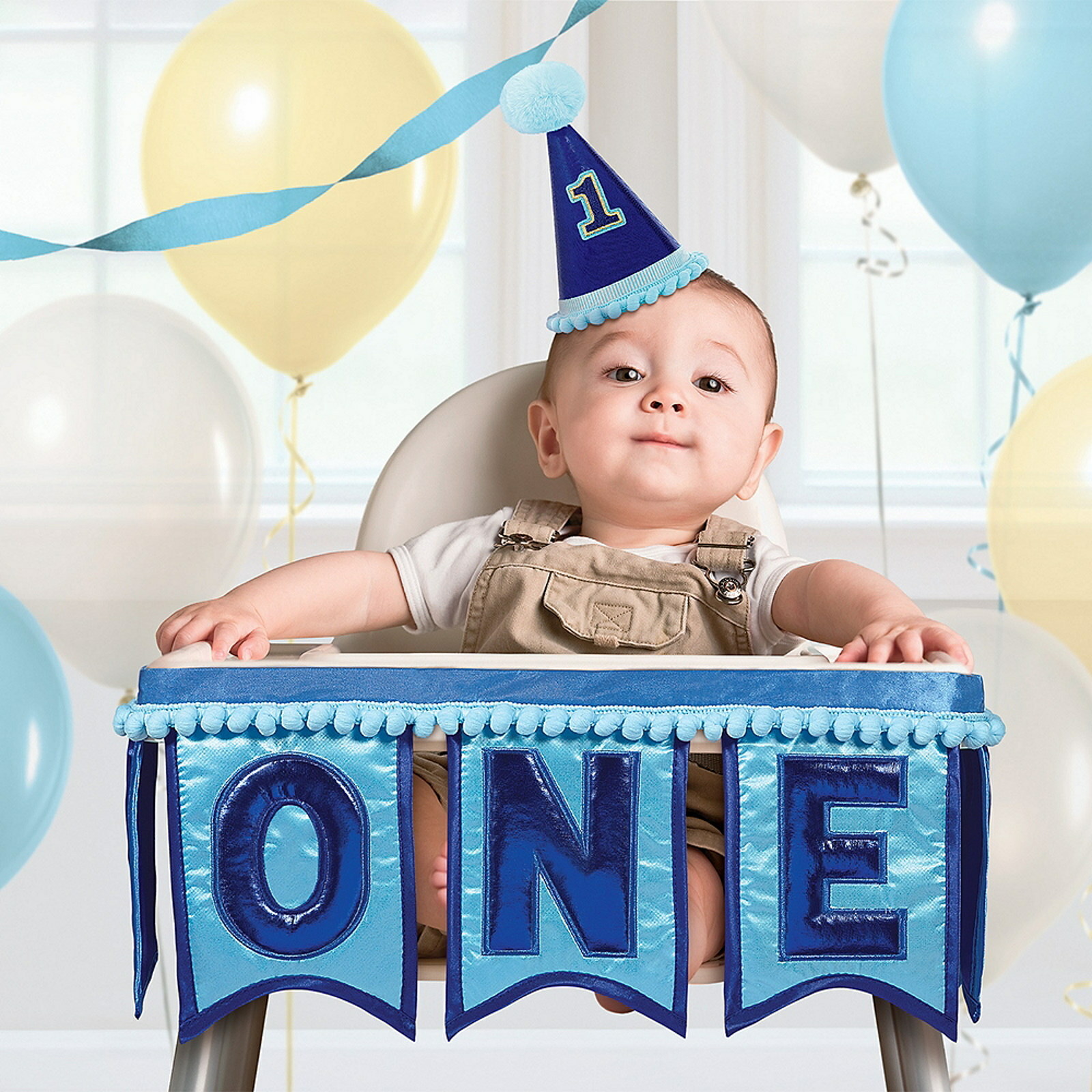 Boys 1st Birthday Deluxe Blue Pennant High Chair Decoration