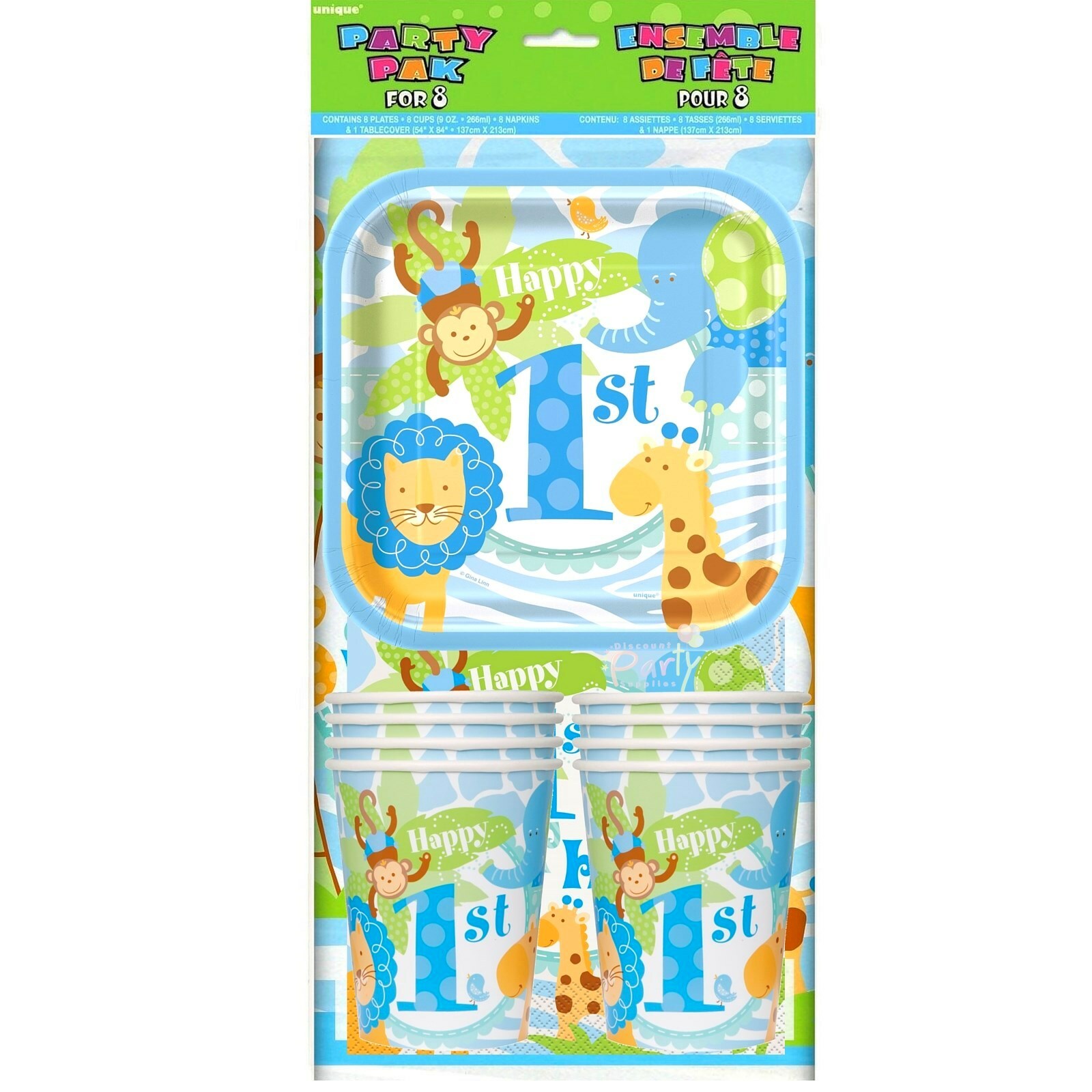 Blue Safari 1st Birthday Party Pack (For 8 Guests)