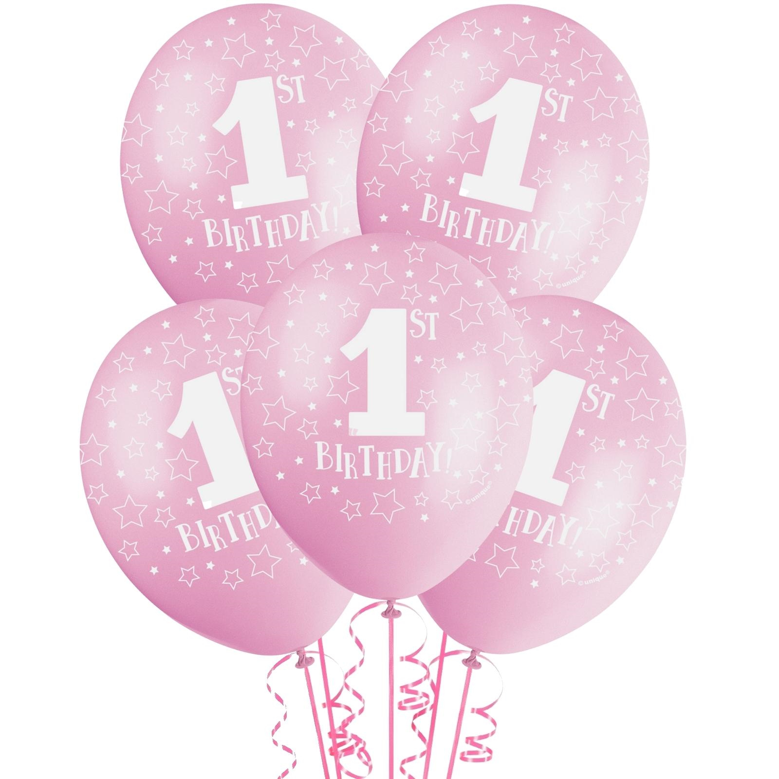 1st Birthday Pearl Pink Star Balloons (Pack of 5)